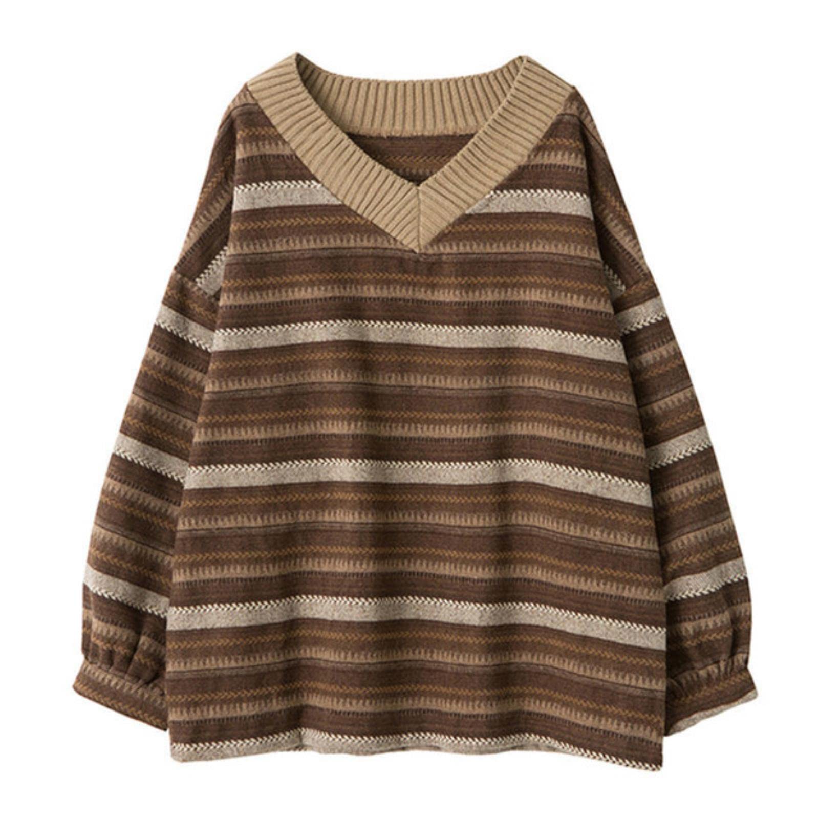 ZXCL V Neck Knitted Sweaters Women Winter Stripe Pullover Retro Ladies Jumper Harajuku Oversized Loose Sweater Jersey