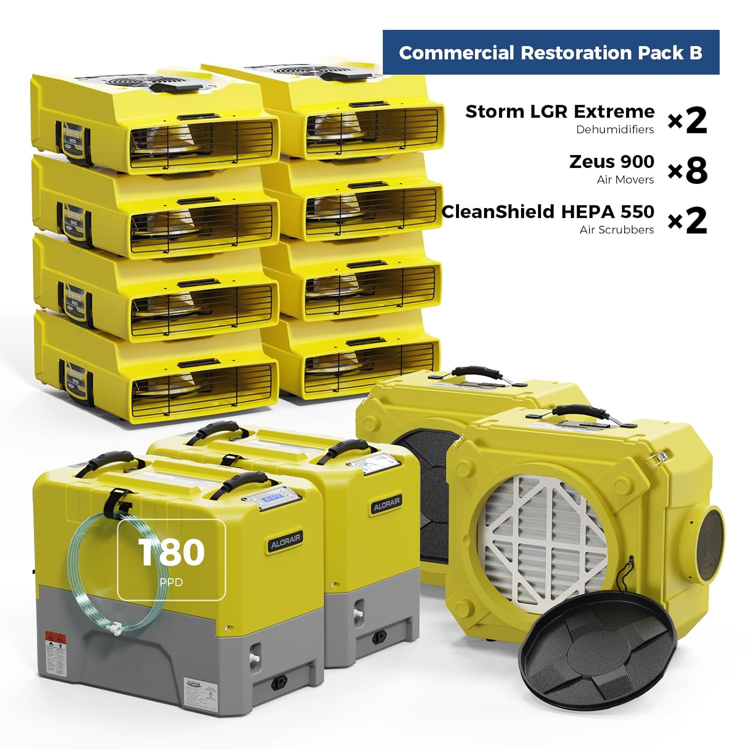 ALORAIR 2 x Commercial Dehumidifier, 8 x Air Movers and 2x Air Scrubber Combo Package Deals, Flood Repair & Water Damage Restoration Equipment, Yellow