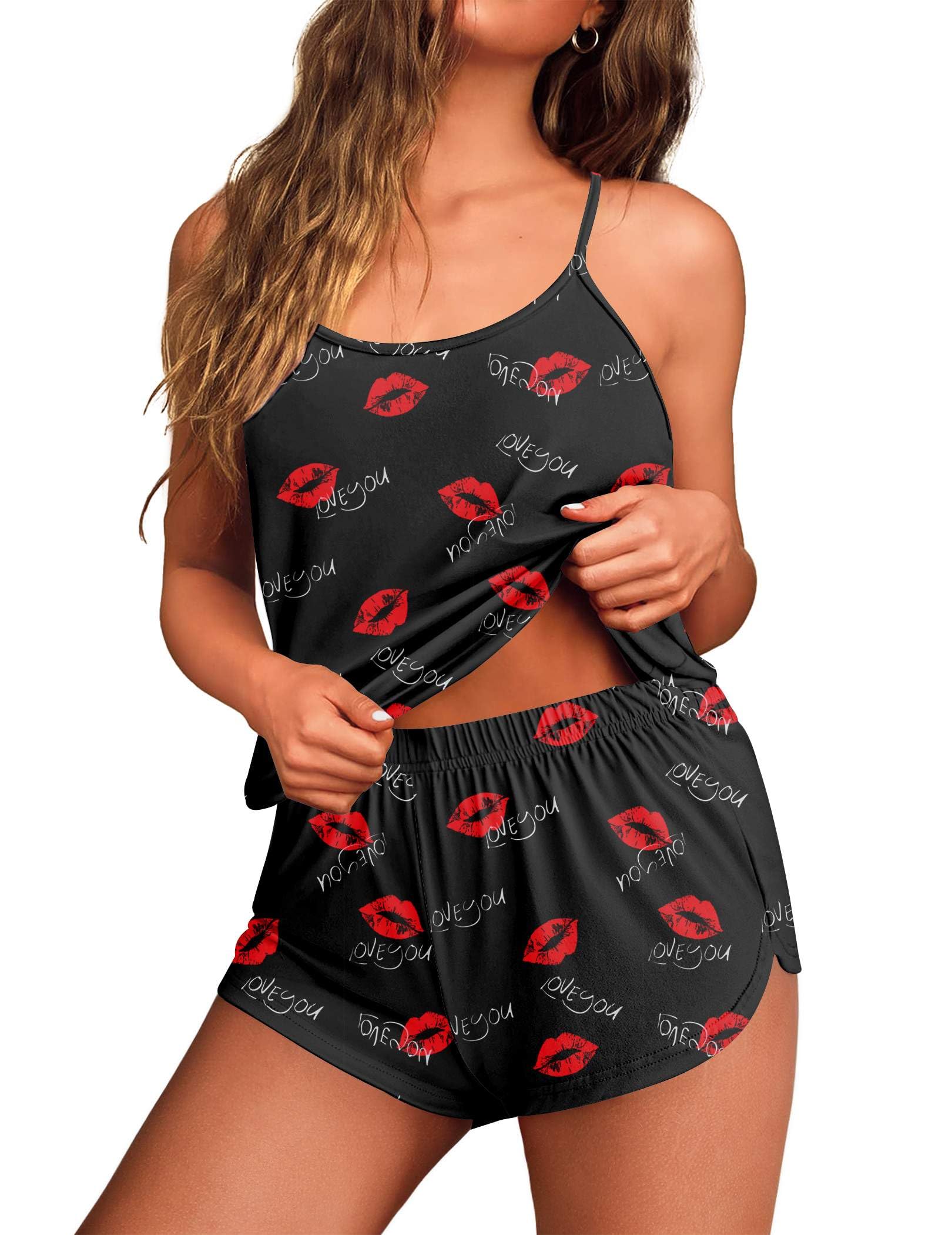 Ekouaer Womens Cami Pajama Sets Soft Shorts Lingerie Set Camisole 2 Piece Cami Shorts Pj Nightwear