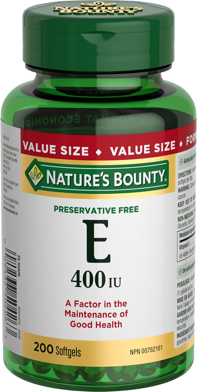 NATURE’S BOUNTY Vitamin E, 400 IU, Antioxidant, Preservative Free, For Adults & Kids 12 and Up, 200 Softgels, 134.2 g