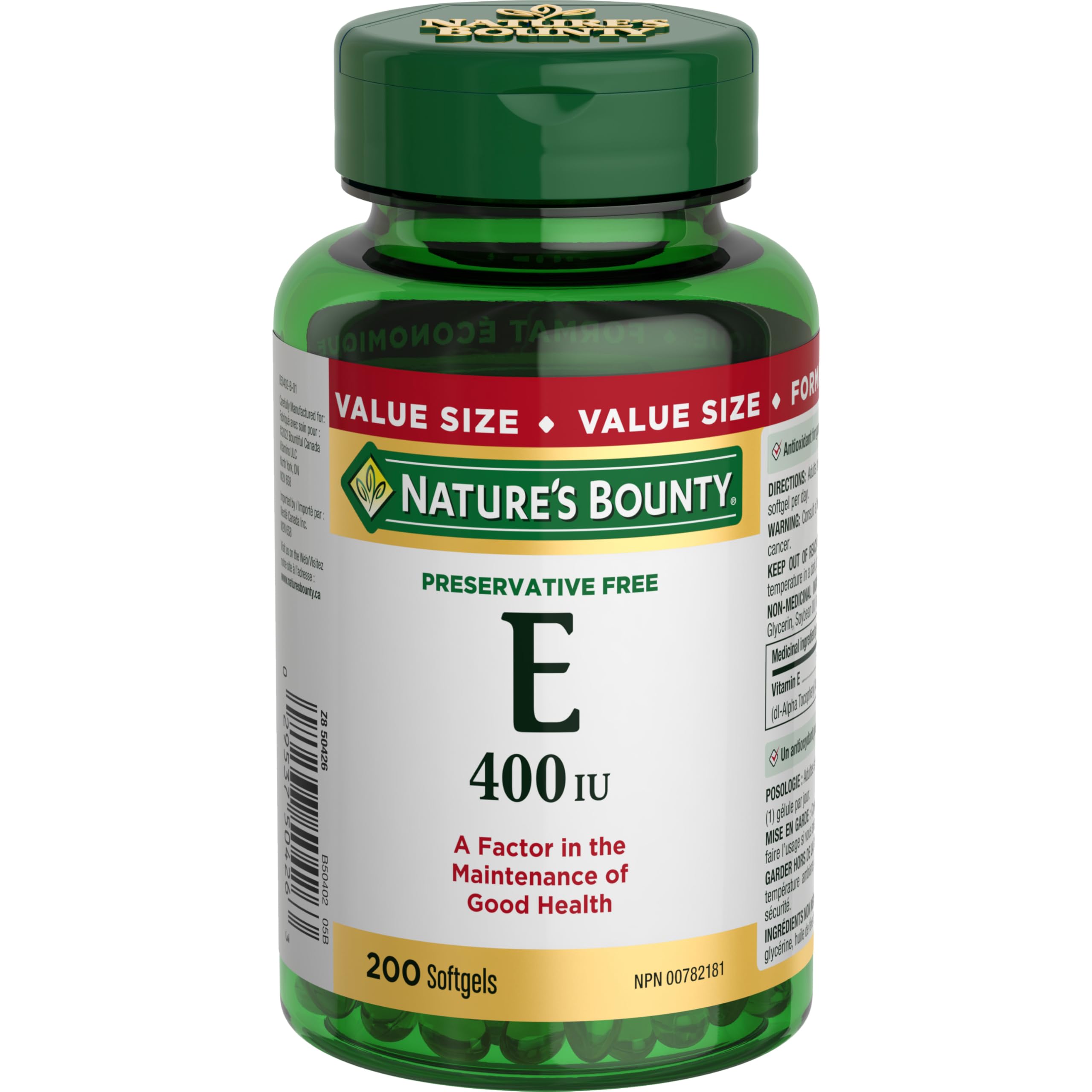 NATURE'S BOUNTY Vitamin E, 400 IU, Antioxidant, Preservative Free, For Adults & Kids 12 and Up, 200 Softgels, 134 g