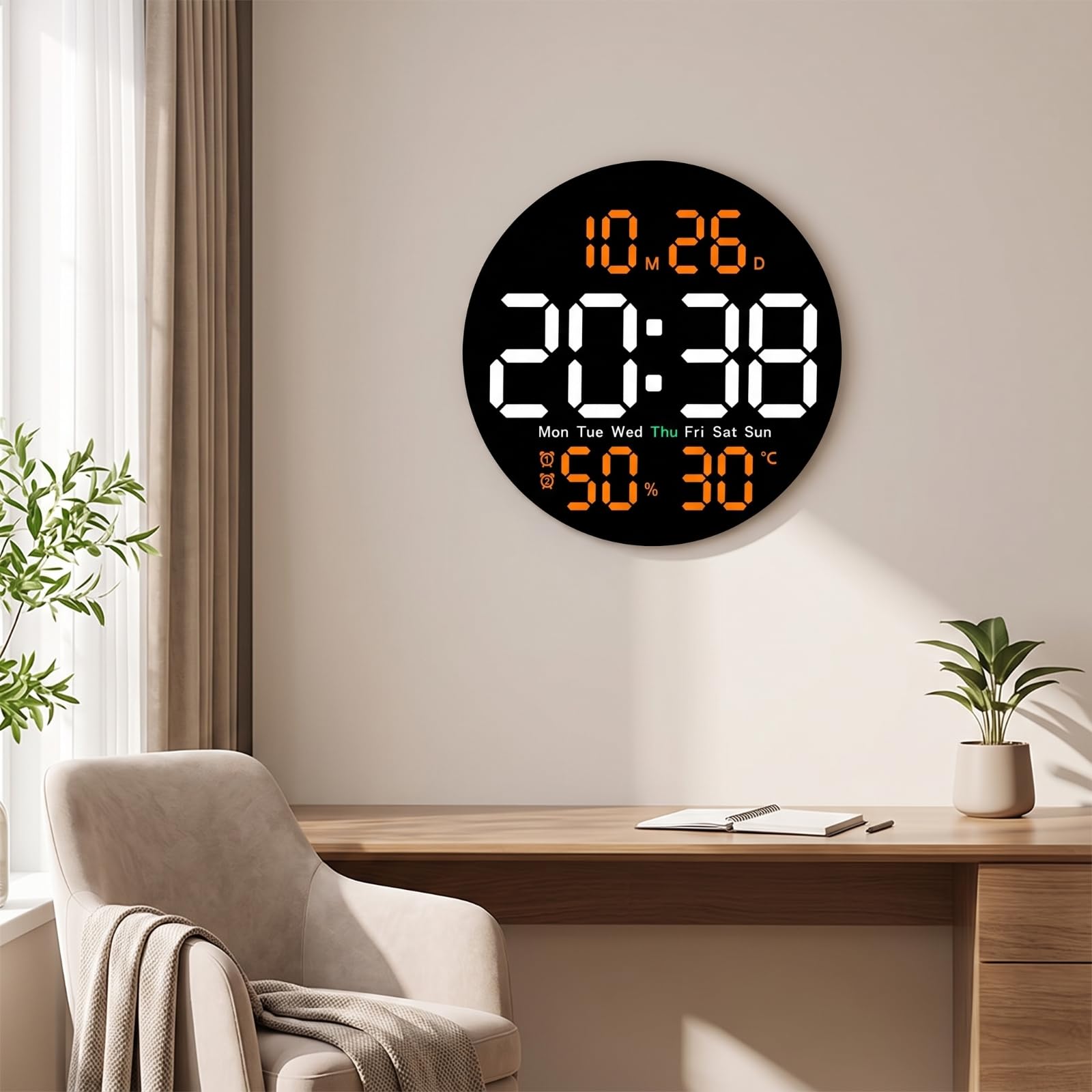 Orologio da Parete Soggiorno Digitale LED Calendario Sveglia Attiva Termometro Igrometro Display Chiaro Corpo in Plastica Adatto per Salotto Camera da Letto Studio Ufficio