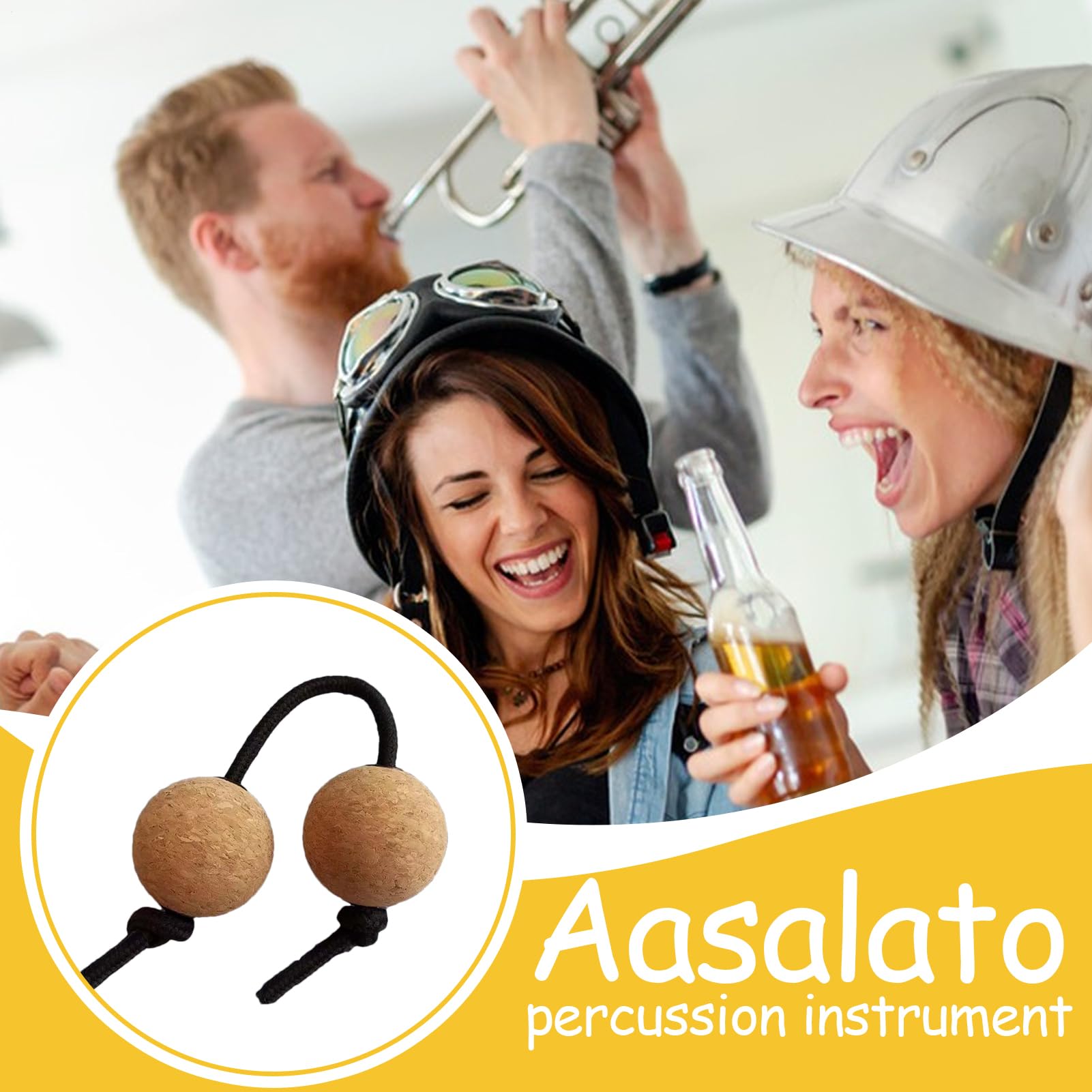 Asalato - Set di ritmiche in sughero, 5 cm, con impugnatura a mano, palla kashaka con suono di sabbia, corda regolabile, strumento ritmico Kashaka per musica teatrale e insegnamento