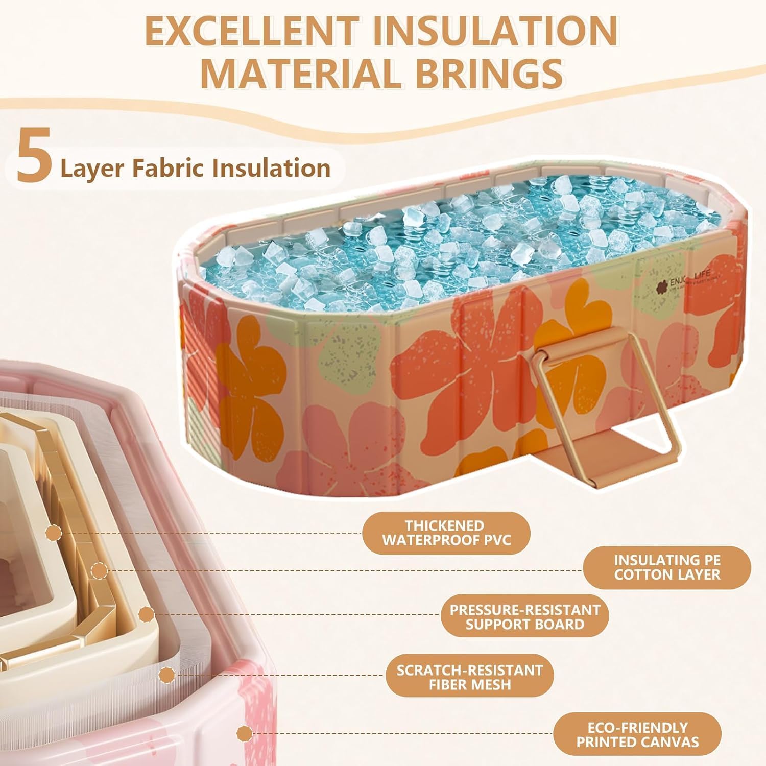 Gets 47" XL Oval Ice Bath Tub For Athletes,Portable Bathtub for Adults Foldable Soaking Standing Hot Bath Tub for Shower Stall,Separate Family Bathroom SPA (Pink,47"×22"×19")