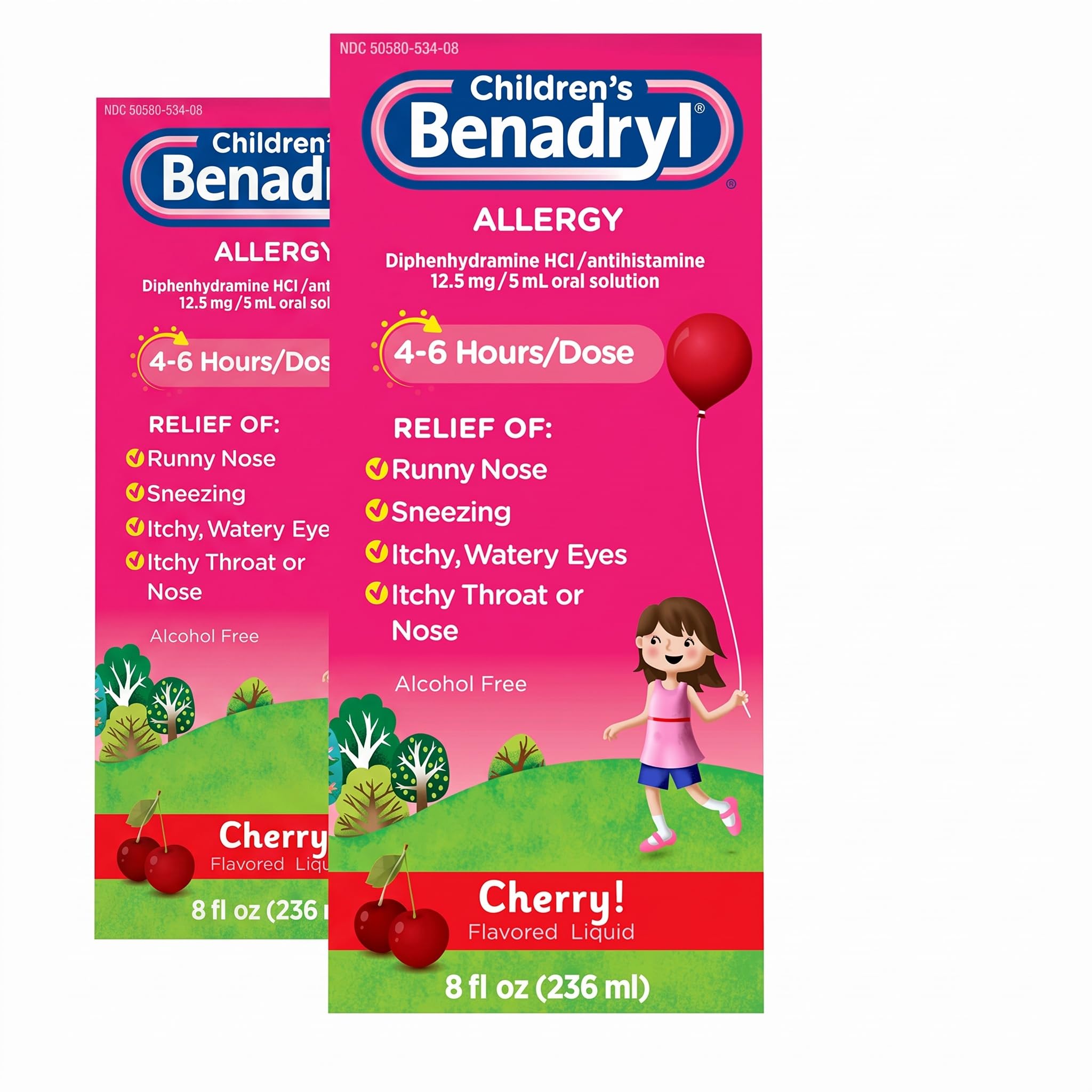 Benadryl Children's Allergy Relief Liquid Medicine with Diphenhydramine HCl Antihistamine for Kids, Effective Allergy Relief, Cherry Flavor, 8 fl. oz (Pack of 2)