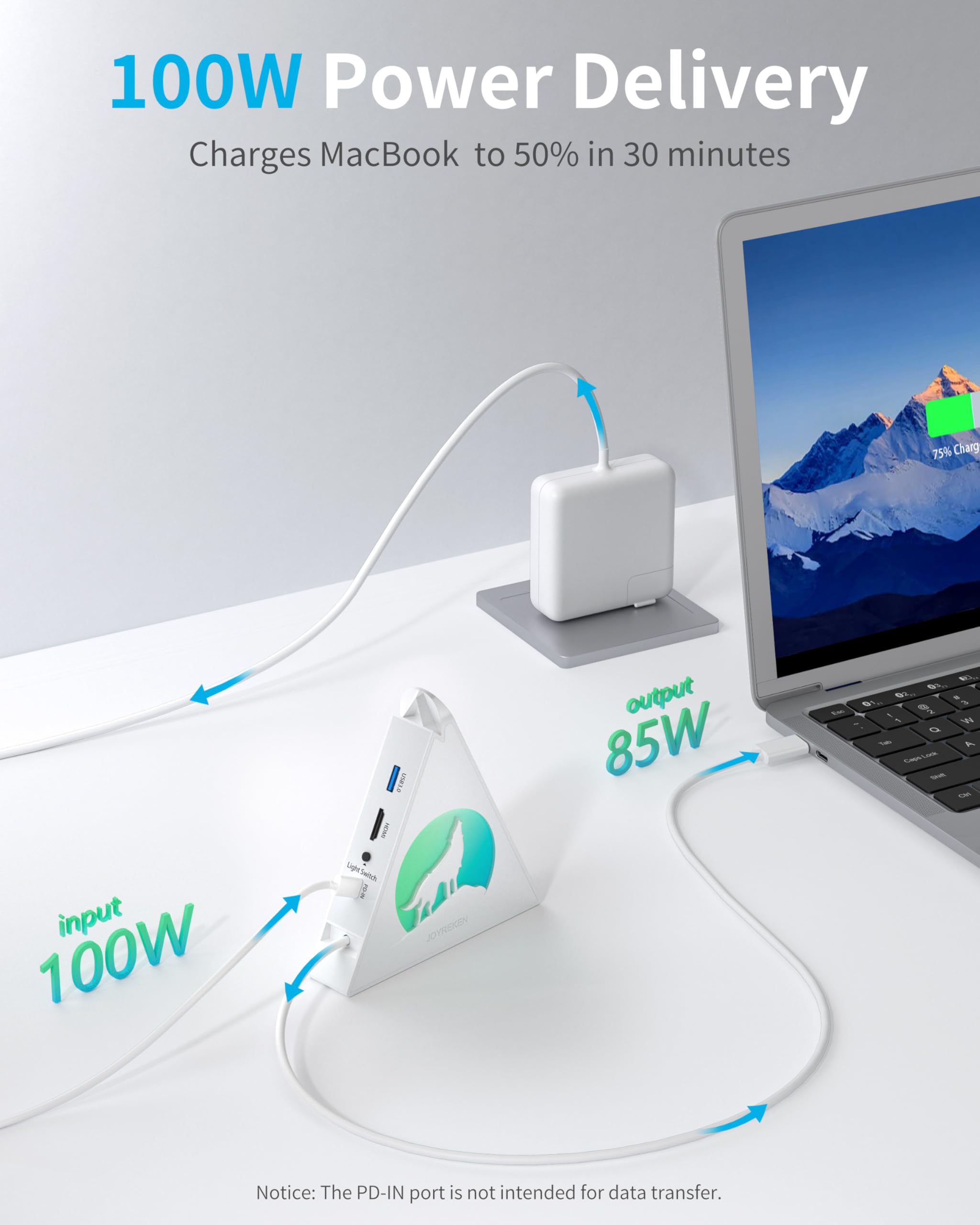 Hub USB C blanc, hub 8 en 1 de type C avec HDMI 4K, alimentation 100 W, USB-C 5 Gbit/s, 3 x USB-A 3.0, lecteur de carte SD/TF, éclairage RVB, station d'accueil blanche pour MacBook Air/Pro, iPad
