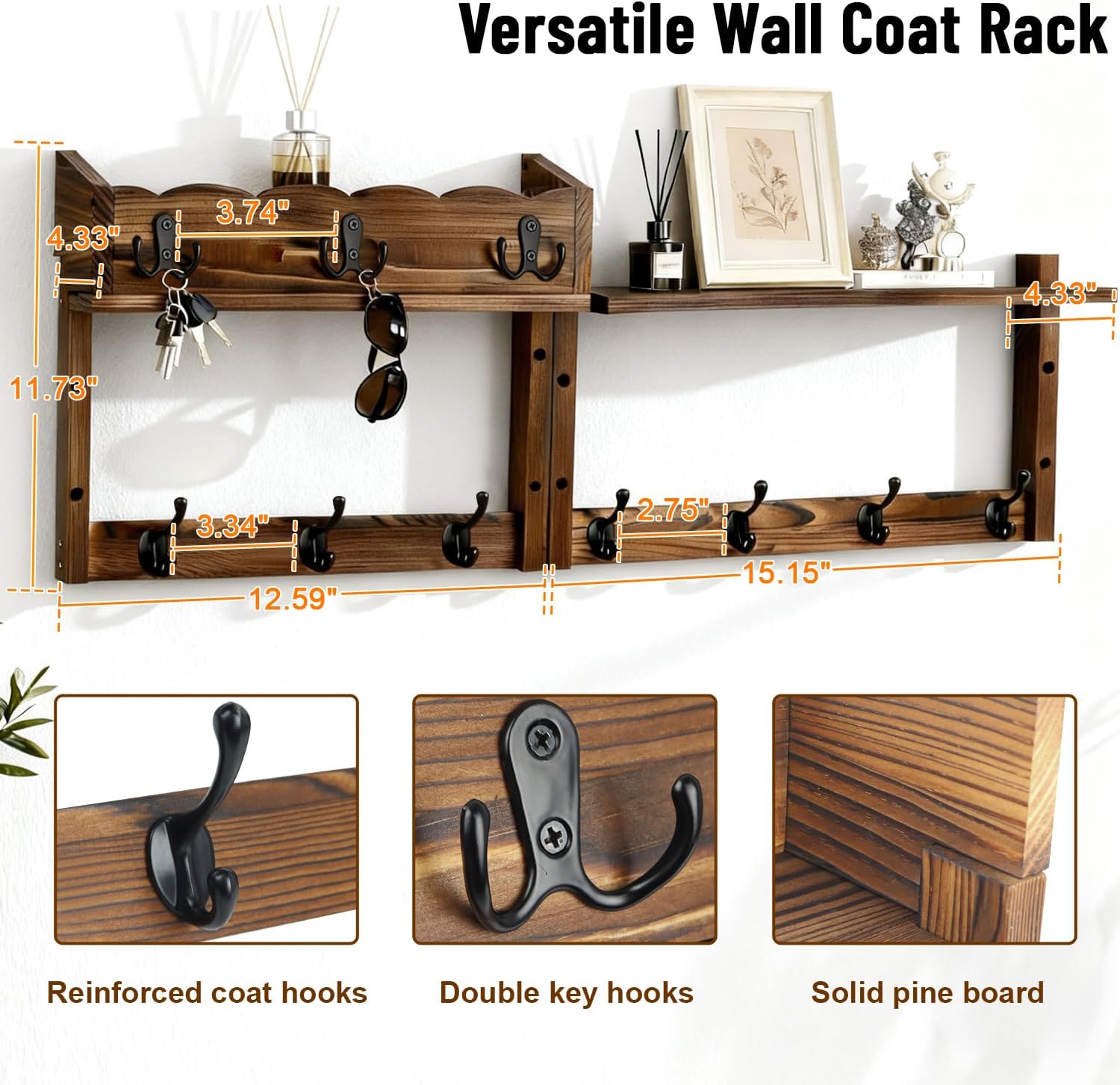 28" Coat Rack Wall Mount with Shelf, Entryway Key Holder Wall Mount Wood Wall Coat Hooks with 7 Hooks 3 Key Hanger, Wall Mounted Coat Rack Mail Holder for Living Room, Bedroom