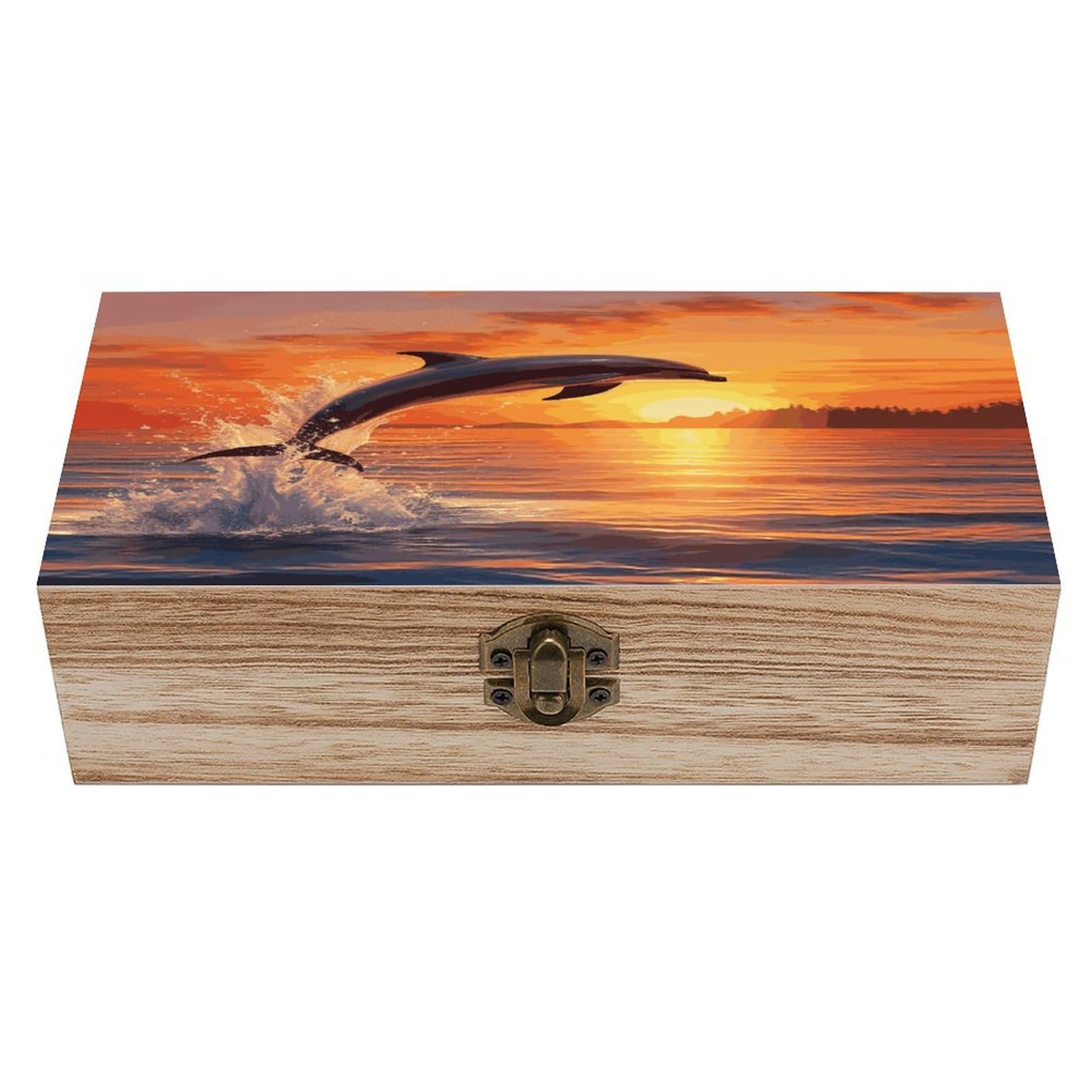 FekiLoot Sunset Dolphin Wooden Jewelry Box Personalized Wood Keepsake Box Large Decorative Wooden Storage Boxes with Hinged Lid Rustic Style Wood Jewelry Organizer for Desk Home Office