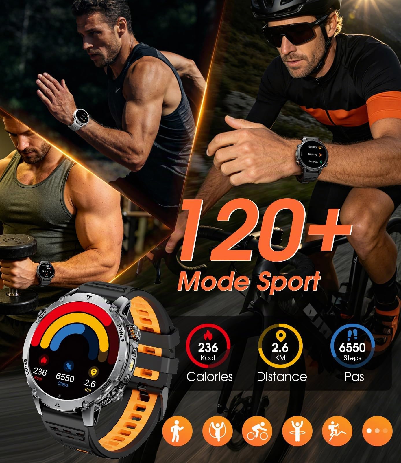 1400 mAh Batterie Montre Connectée Homme, 1,7 HD Smartwatch Militaire avec Appel Bluetooth, 100+ Modes Sport, IP68 Montre Fitness, Cardíaco/Sueño, LED Lampe, Montre de Sport pour Android/iOS, Noir