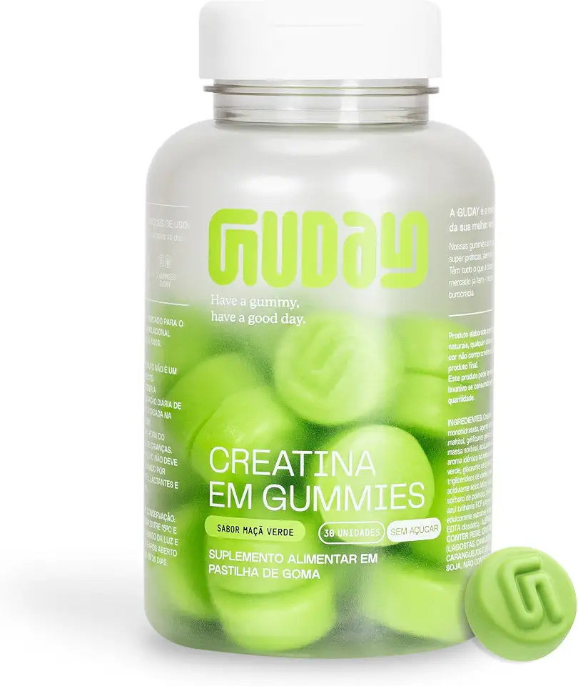 Guday Creatina Monoidratada em Gummies 30 Gomas Sabor Maçã Verde – Suplementação Prática e Refrescante para Sua Rotina de Treinos
