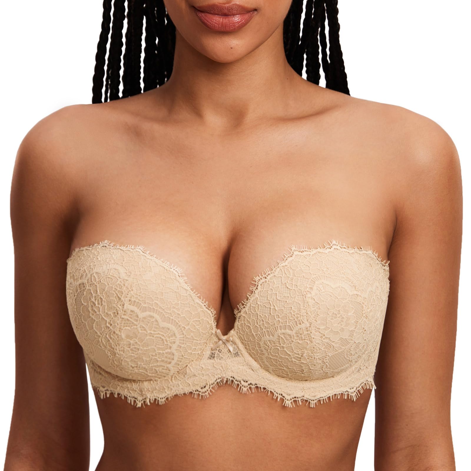 DOBREVA Damen Trägerloser Push Up BH Spitzen Tiefer Ausschnitt Bügel BHS Gepolsterter mit Abnehmbaren Trägern