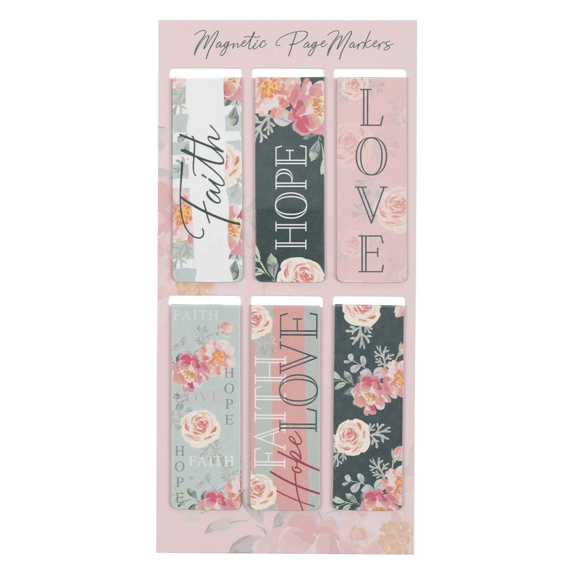 Christian Art Gifts Set of 6 Faith Hope Love w/Pink Roses Inspirational Magnetic Bible Verse Bookmark with Scripture, Size Small 2.3" x .75"