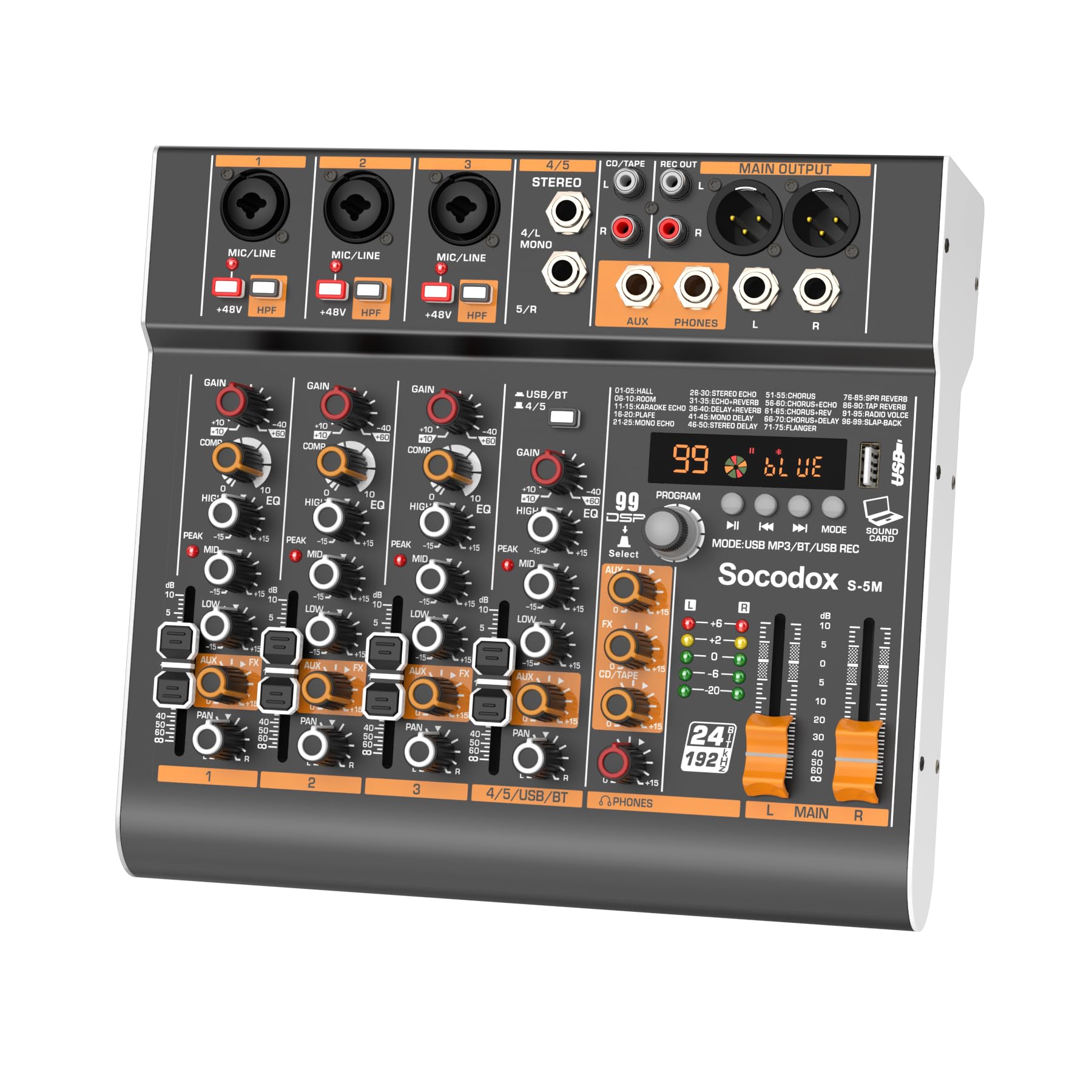 Table de mixage audio 5 canaux avec Bluetooth et 99 effets DSP
