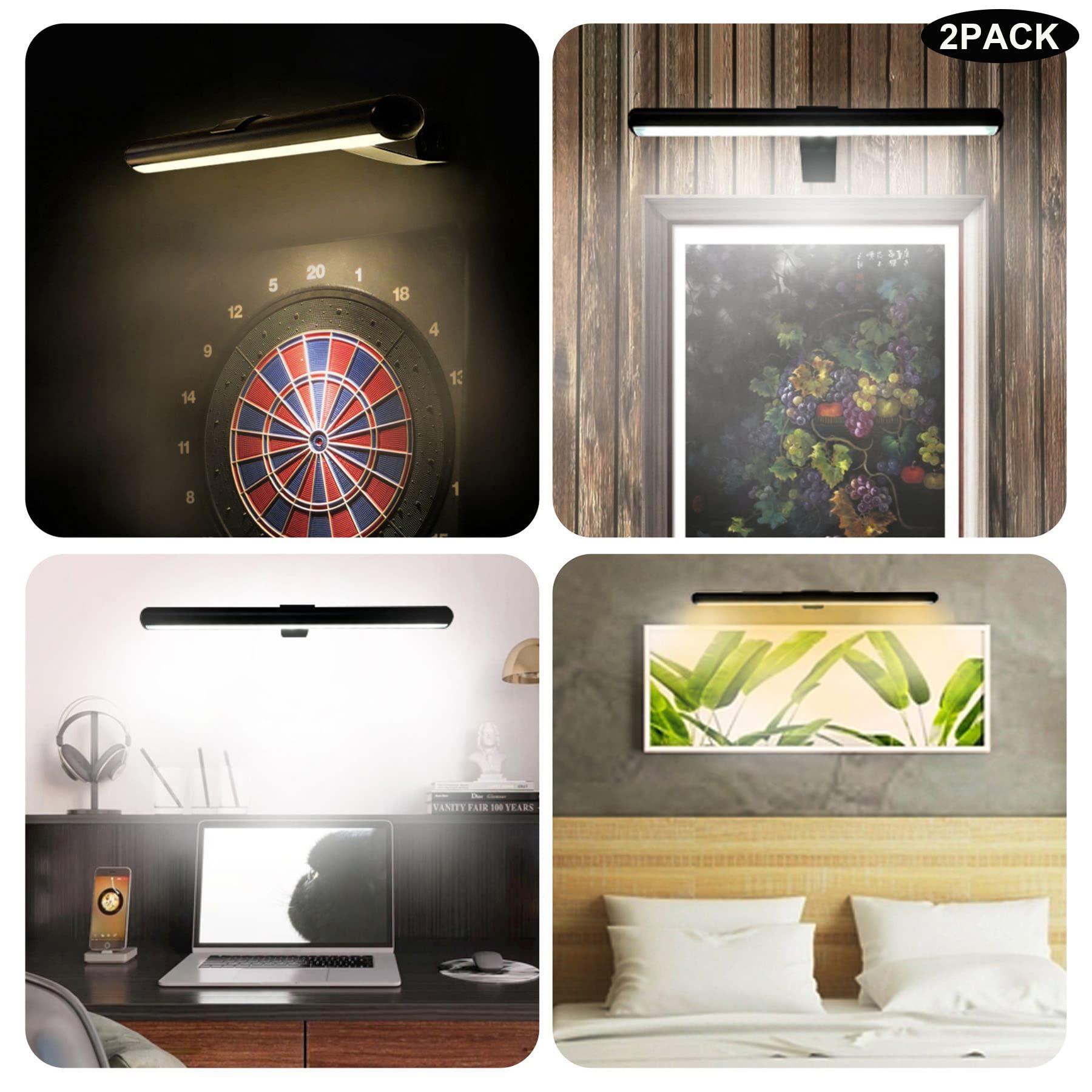 2-Pack Rechargeable LED Picture Lights – 16-Inch Black Display Art Light With Remote, Dimmable, Timer & Magnetic Mount, 300 Lumens Full Metal