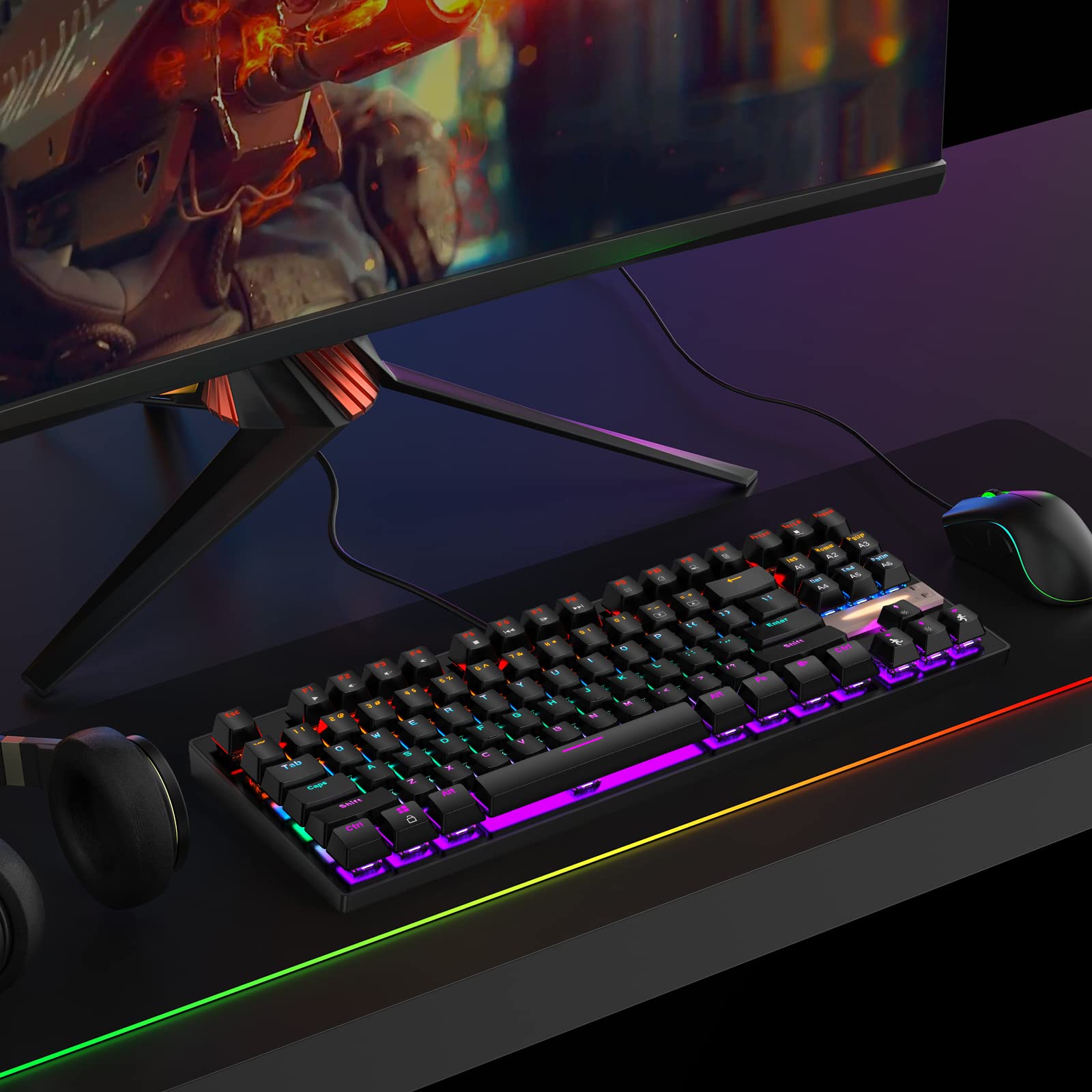 Anivia Tastiera meccanica da gioco, classica tastiera USB cablata con interruttori blu, 87 tasti impermeabile per PC portatile PS4 PS5 Xbox, RGB arcobaleno rosso retroilluminato