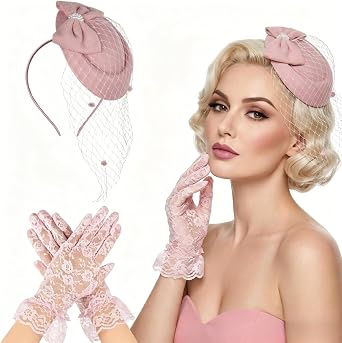 Womens Fascinators Hat and Tea Party Gloves Set Veil Fascinator Retro Pillbox Hats for Wedding Cocktail Dresses Accessories
