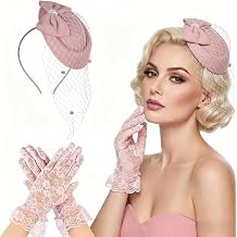 Womens Fascinators Hat and Tea Party Gloves Set Veil Fascinator Retro Pillbox Hats for Wedding Cocktail Dresses Accessories