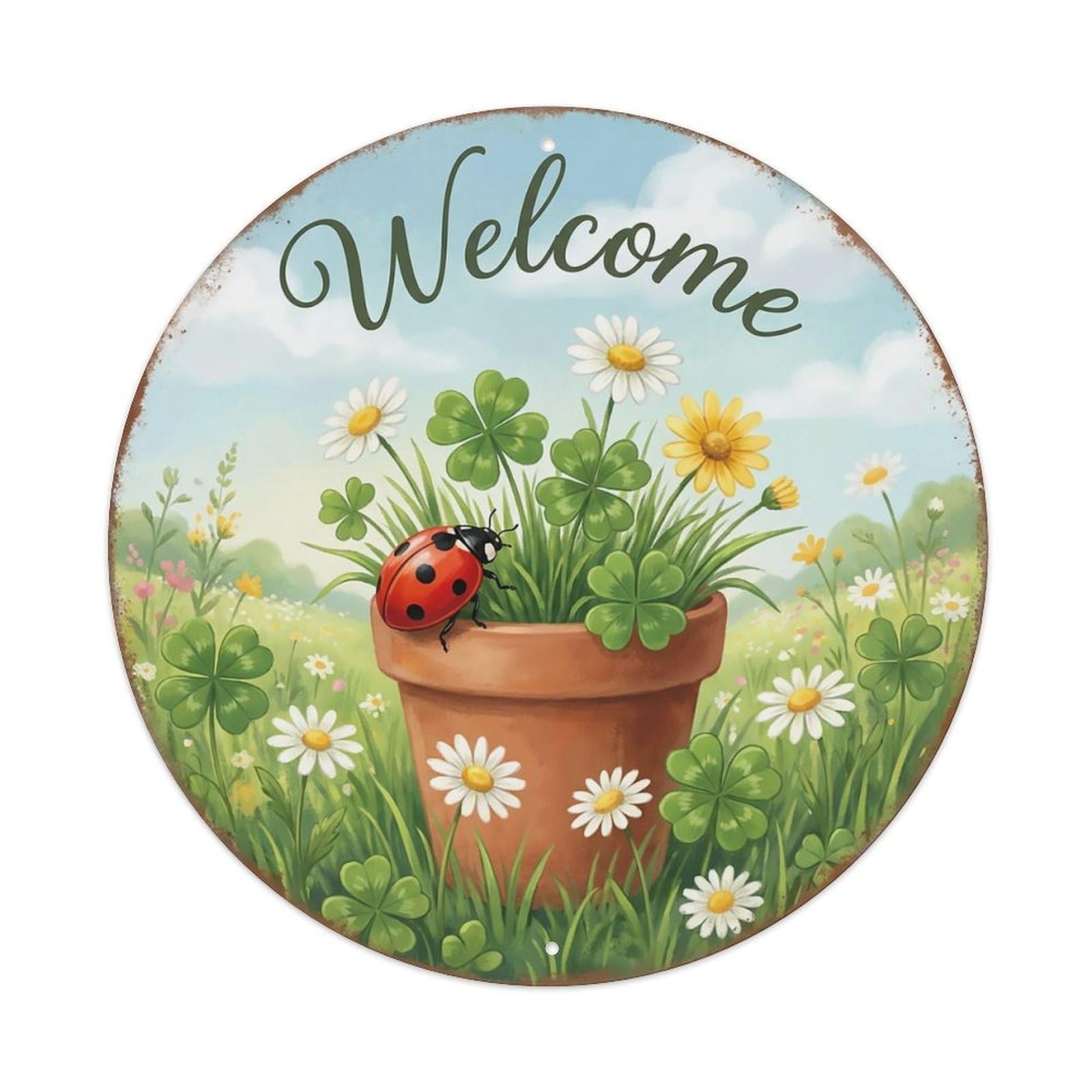 Welcome Ladybug Clover Patch Metal Tin Sign