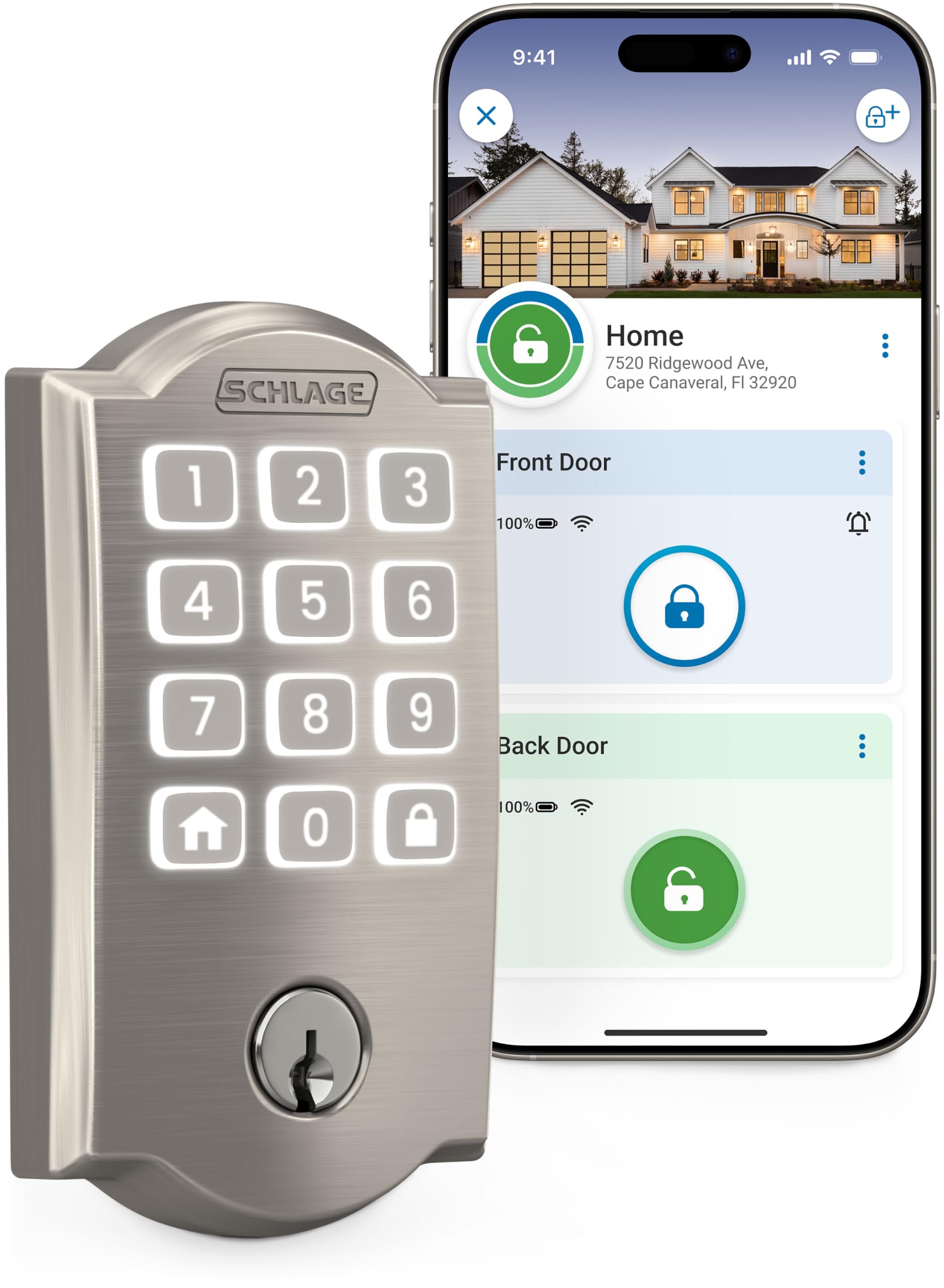 SCHLAGEKeyless entry door lock, Push button keypad, Built-in app control, Alexa, Google Home & Ring compatible, Certified sec