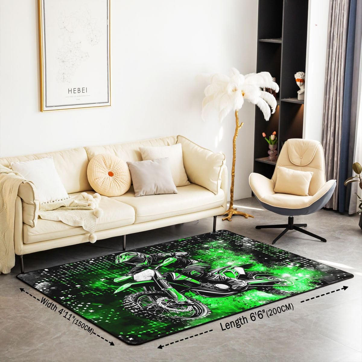 Coole Motorrad Wohnzimmer Teppich 100x150cm Extreme Sportthemen Schlafzimmerbereich Teppich für Kinder Teens Moderner schwarzer Motocross-Druck Indoor Matte Heimdekor
