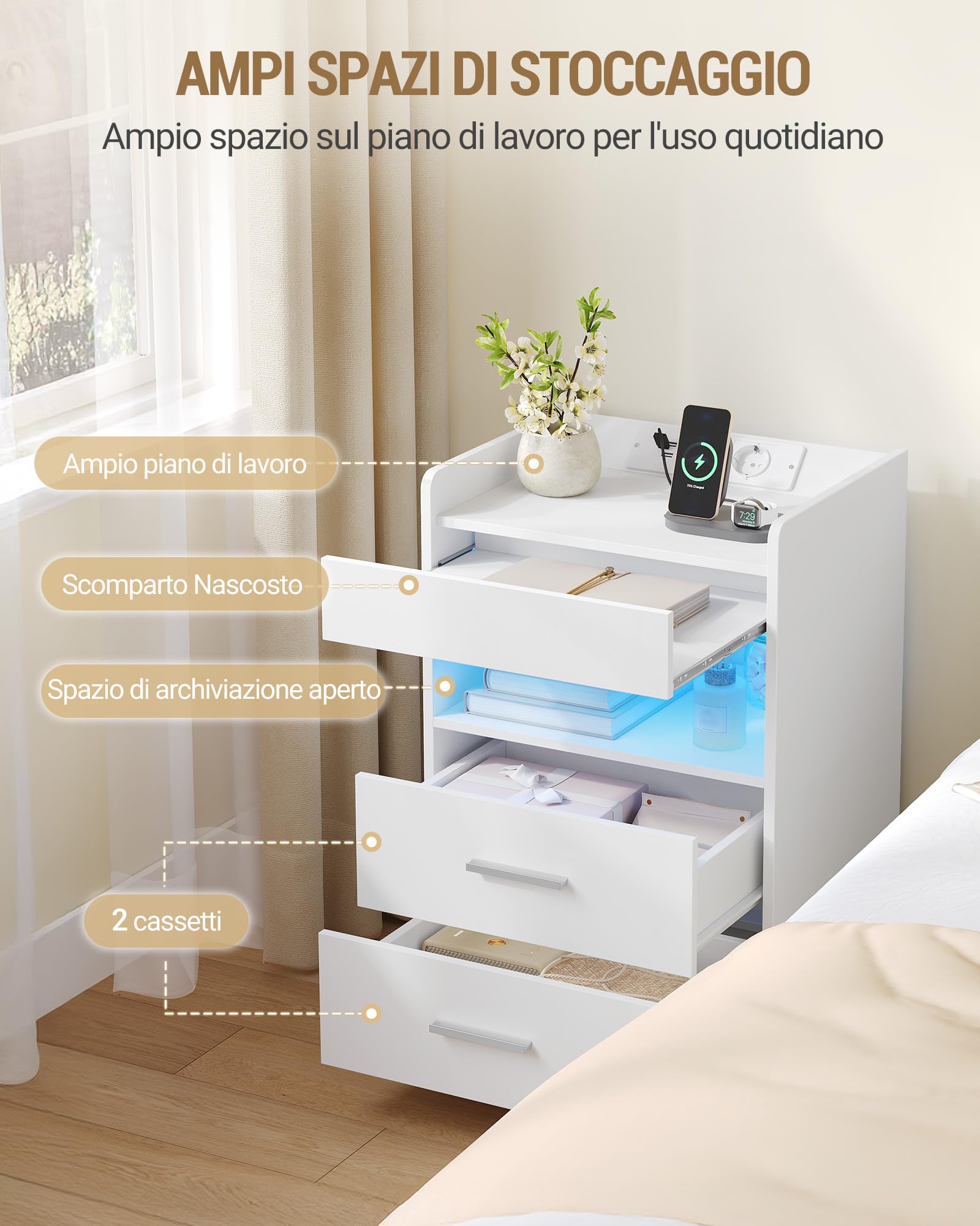 Hzuaneri Comodino Set di 2, Comodini Camera da Letto con Luce LED e Stazione di Ricarica, 2 Cassetti, Tavolino con vassoio, 35 x 40 x 60 cm, Soggiorno, Bianco NS33603XEU