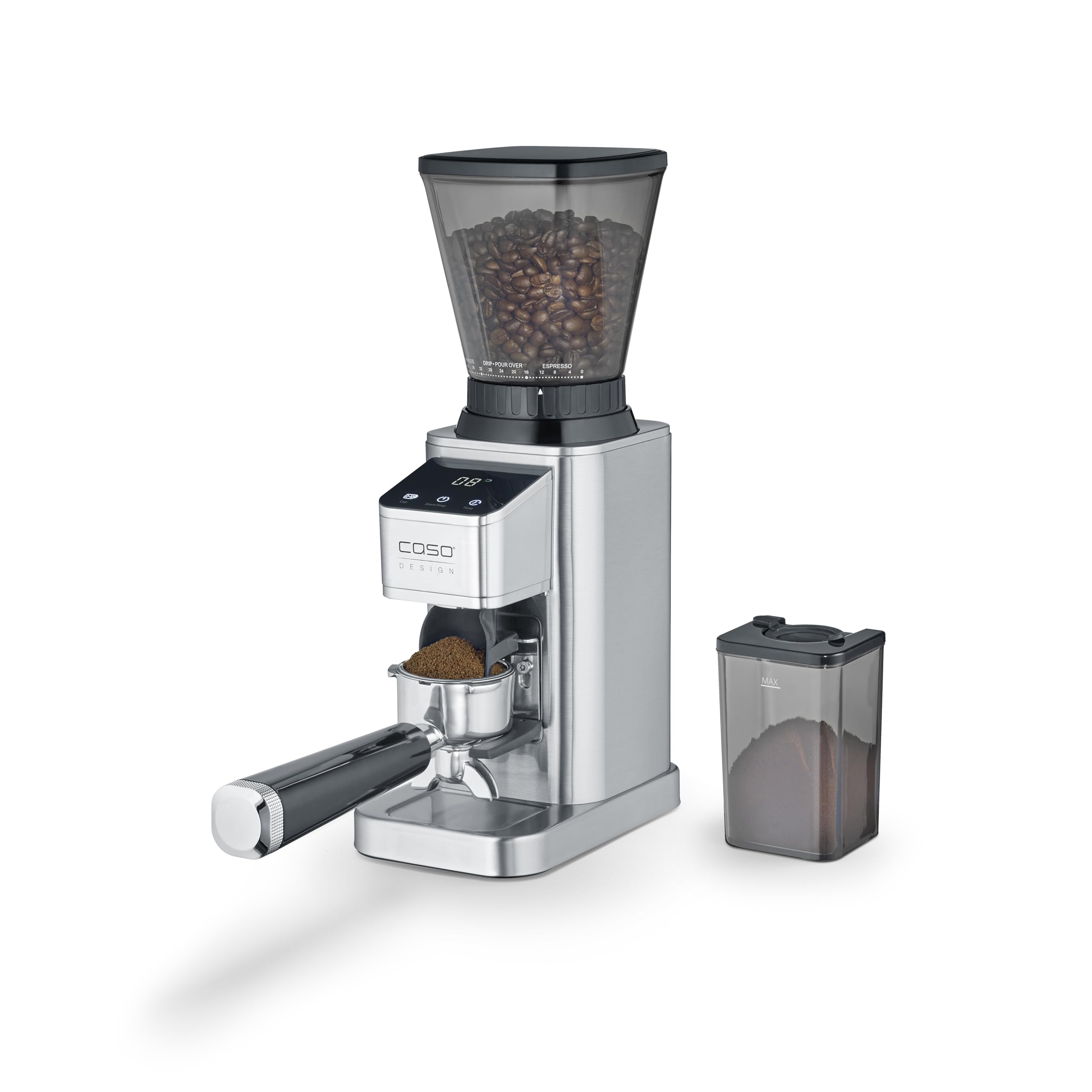 CASO BaristaChef Inox - moulin à café électrique, broyeur conique en acier inoxydable durable, avec support pour porte-filtre