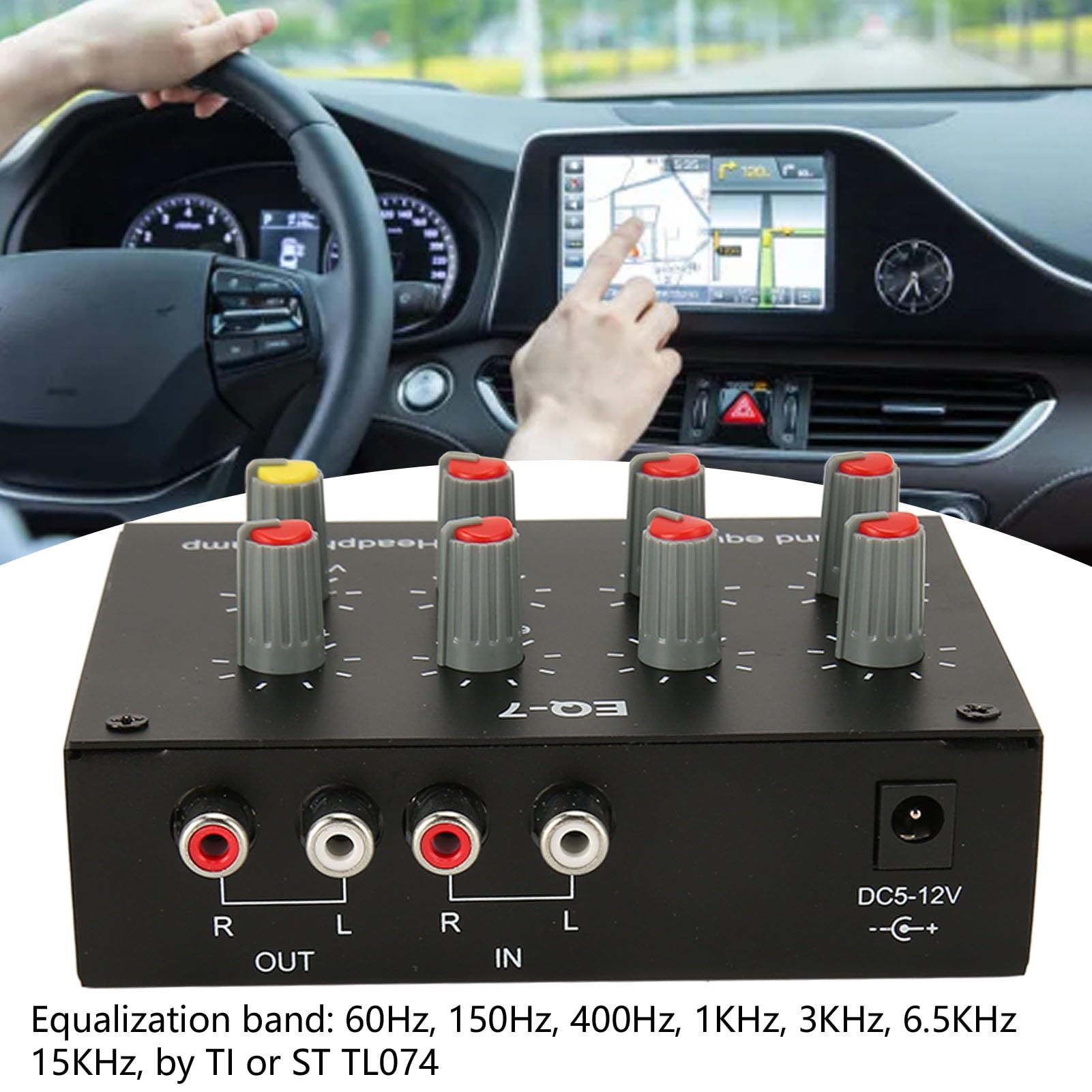 Dilwe 7 Band Equalizer RCAInput Output Volume Adjustable 2 Channels Car Equalizer EQ Car Headphone Amplifier for Car Boat Motorcycle, Dilweb39u7t51qi