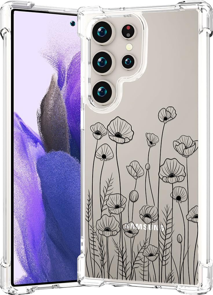 CCFUNCASE Compatible for Samsung Galaxy S24 Ultra Case Clear Cute for Women - Rugged Phone Cases Funda Protector Cover Skin (Black Floral Flower)