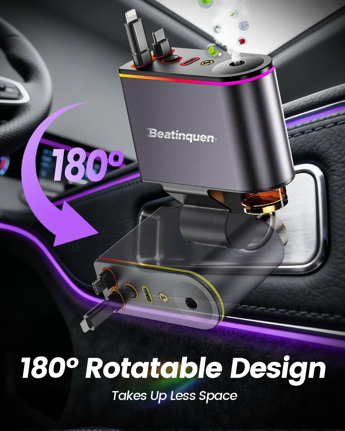 【Aktualizacja z 2026 r.】 Wysuwana ładowarka samochodowa 5 w 1 USB C - szybkie ładowanie, chowana ładowarka samochodowa do telefonu z dyfuzorem odświeżacza powietrza w samochodzie, adapter do