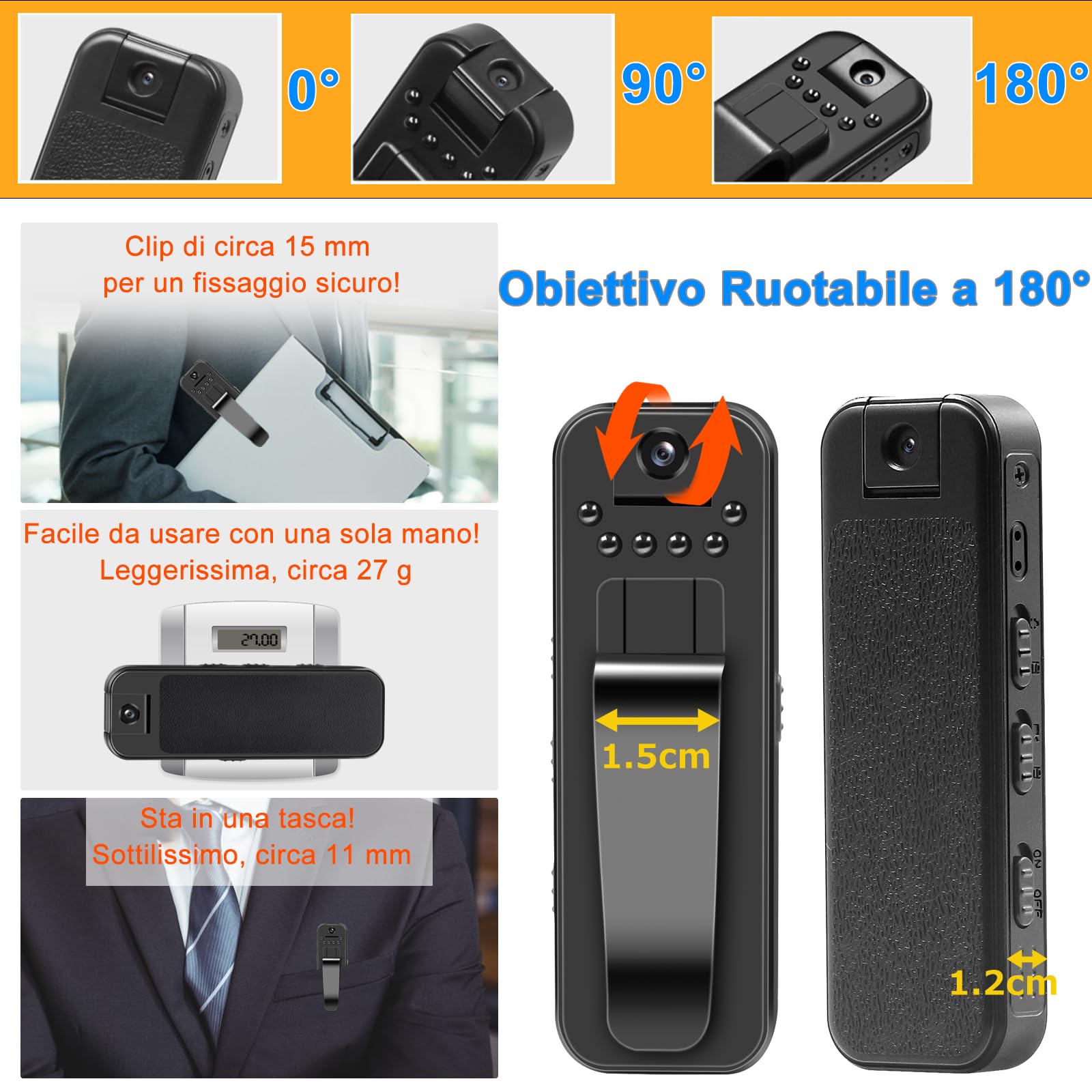 TANGMI Spy Cam 1080P, Body Cam, Visione Notturna, 180°, Mini Camera | Micro Camera, Micro Telecamera, Clip-on, Registrazione Audio, Loop, 150 Min, 27g, Riunioni Equitazione Animali, Cavo