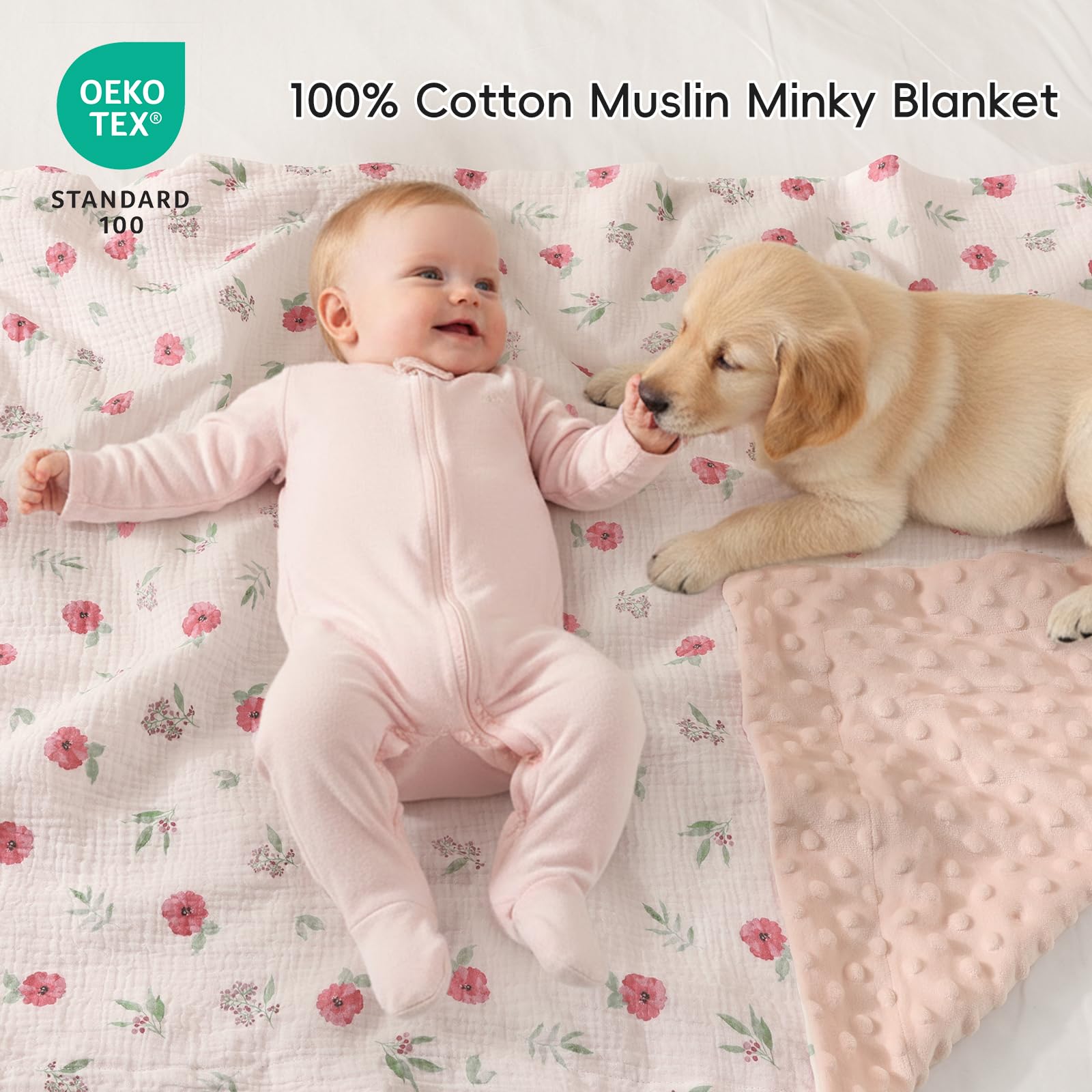 david's kids Manta de muselina Minky para bebé para niñas con parte delantera de algodón de muselina y forro polar punteado, transpirable y suave, manta de recepción ligera para recién nacidos, 76 x