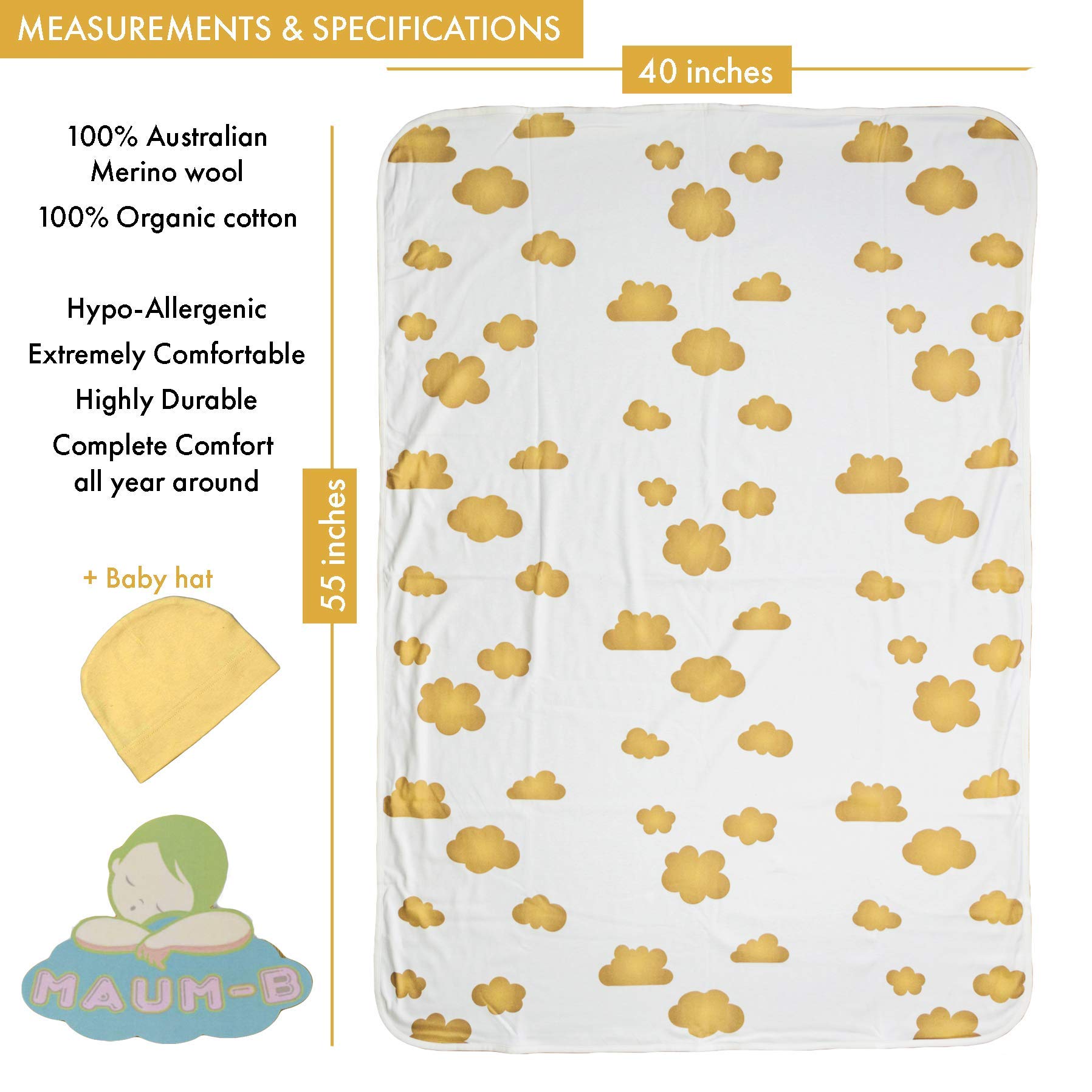 Coperta in lana per neonati e bambini | 100% lana merino strato interno e 100% cotone organico | regolazione della temperatura | Extra Large | morbida coperta comfort | (TAN)