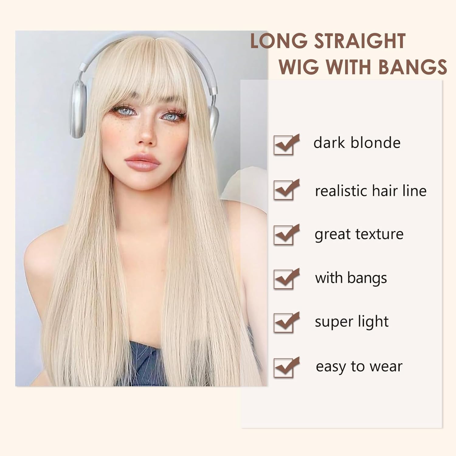 Blonde Wig with Bangs for Women 24 Inch Long Straight Blonde Wigs Synthetic Heat Resistant Wig for Daily Party Use - Image 2