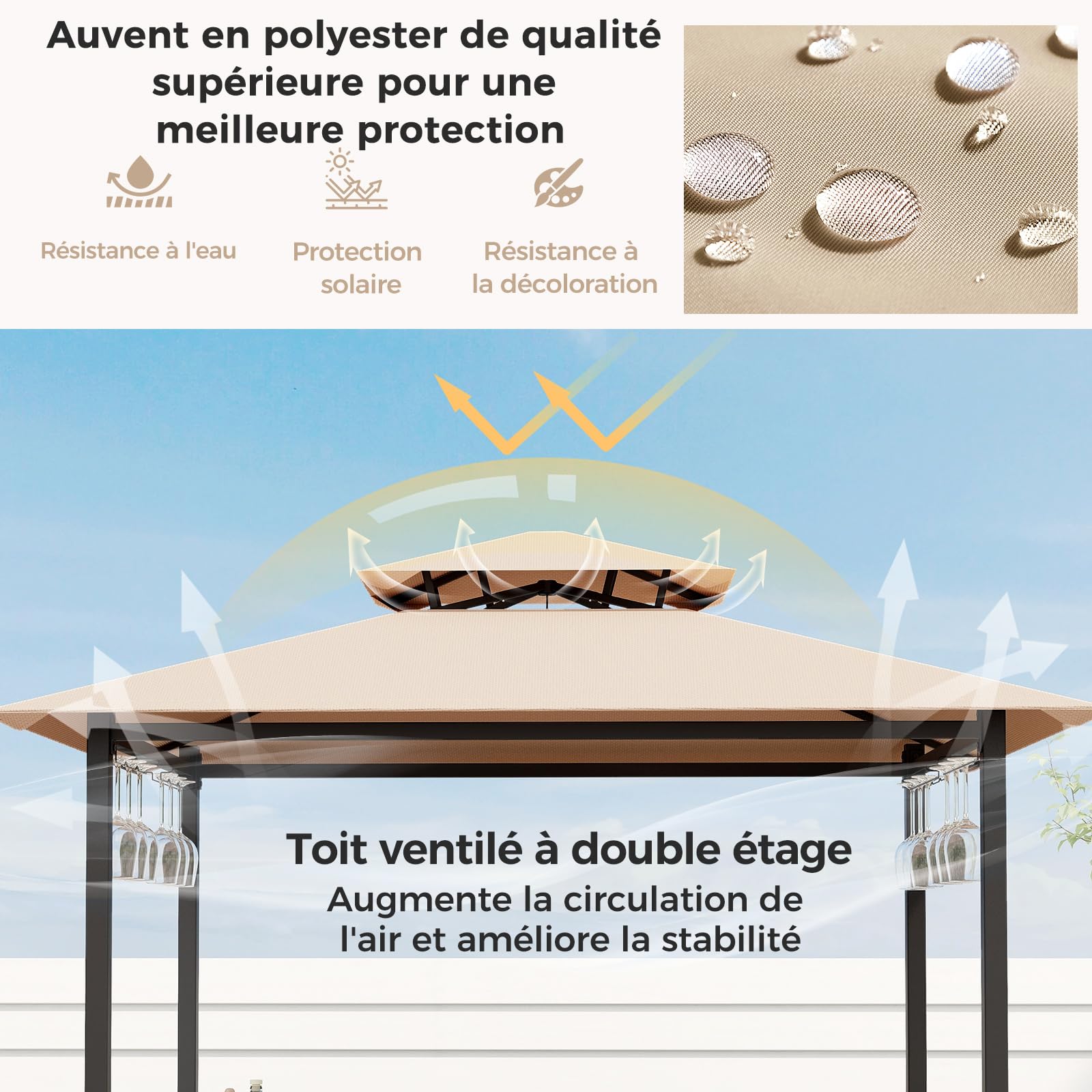 GOPLUS Abri Barbecue avec Bar d'Extérieur, Table de Bar en Verre Trempé, 2 Tabourets, 194 x 121 x 242 cm