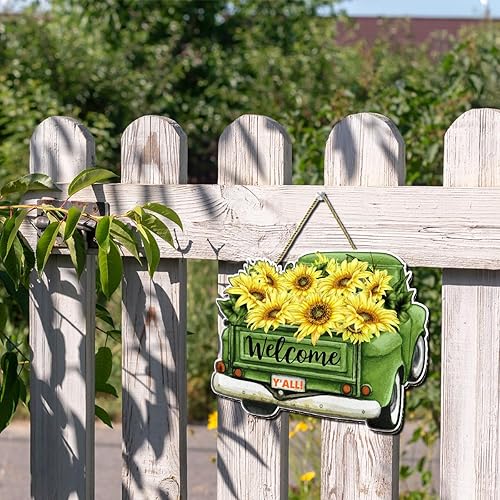 Miniatura 7 de Signo de puerta de girasol granja bienvenida Y'all girasol retro camión puerta suspensión bienvenida verano impreso placa de madera cartel colgante