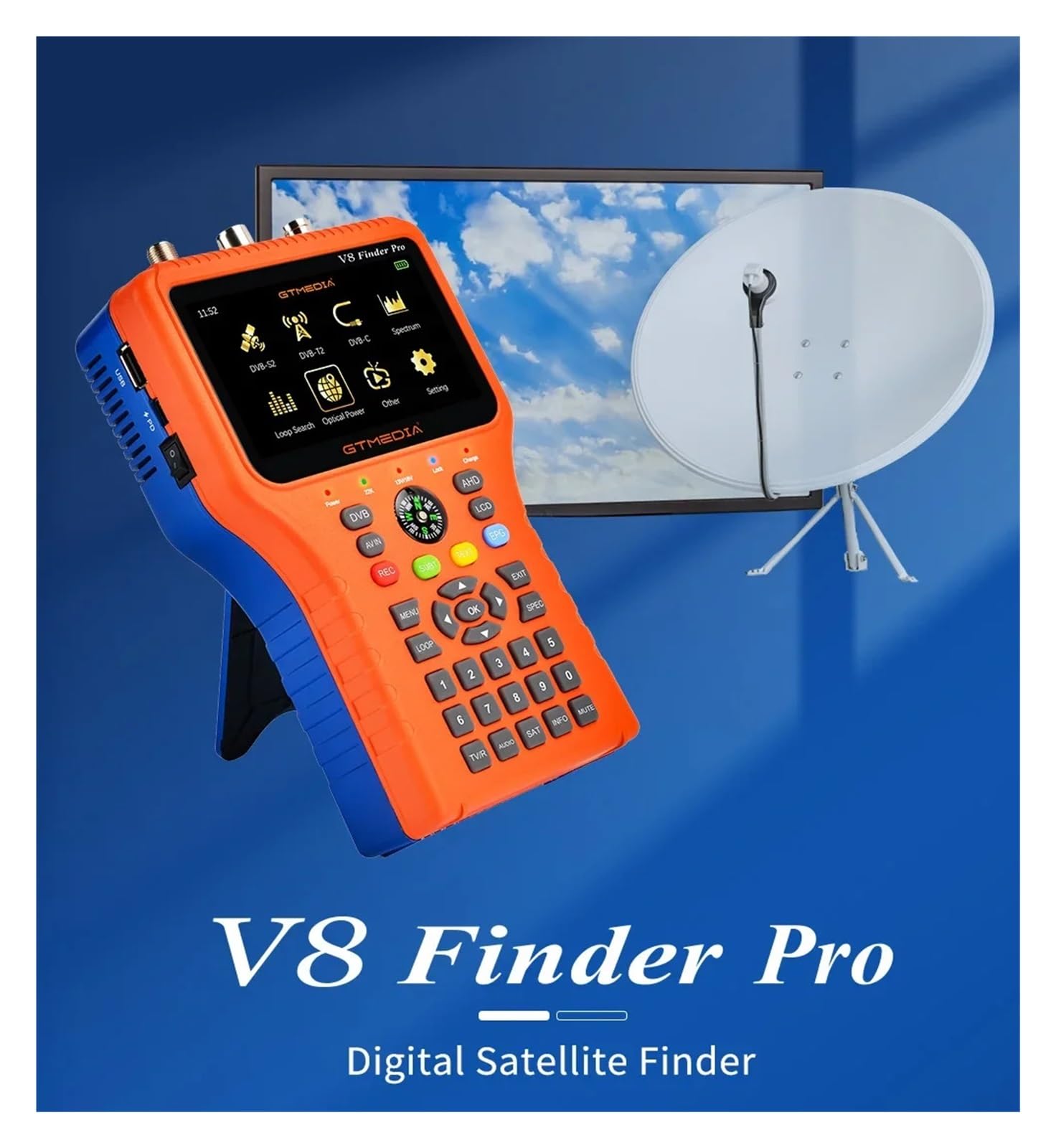 V8 Finder Pro 2 - Medidor de señal de TV satelital DVB-S2X/S2/S/T2/T/C AHD H.265 de 4,3 Pulgadas
