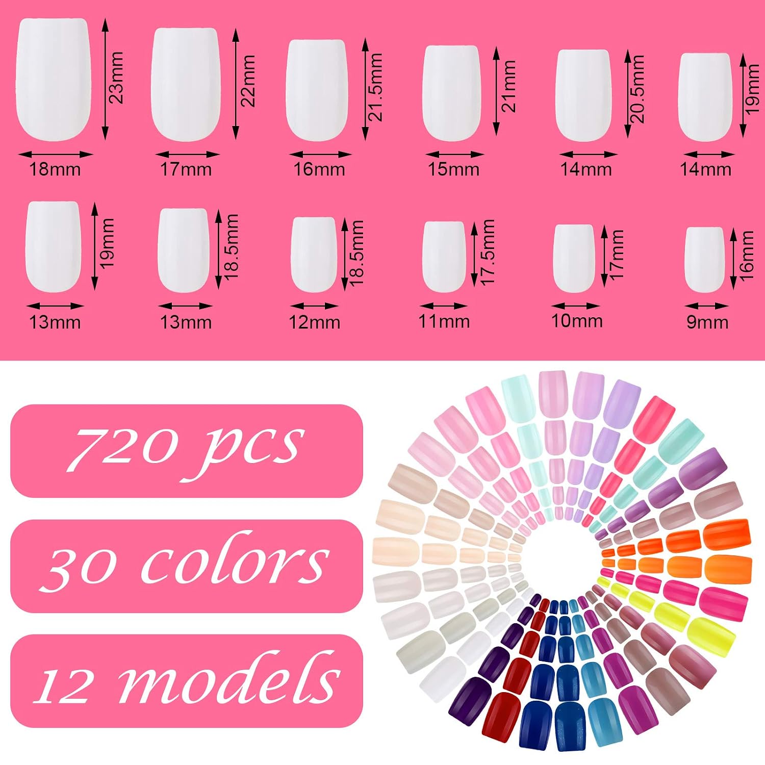 30 Sets 720 Pieces Medium Square Press on Nails Fingernails Glossy False Nail Full Cover Artificial Fake Nail Colorful Acrylic Nail Tip Kit for Nail Art Salon (Light Colors)