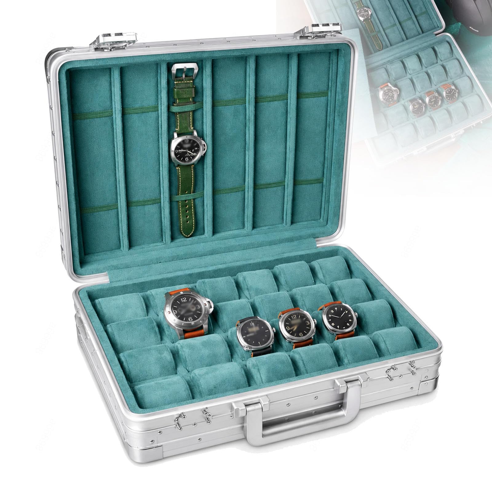 Uhrenbox 24+6, Aluminium Tragekoffer für Reise und Ausstellung,Green | Uhrenorganizer mit herausnehmbaren Tabletts, weichem Innenfutter und Fächern für Bänder und Zubehör,Green
