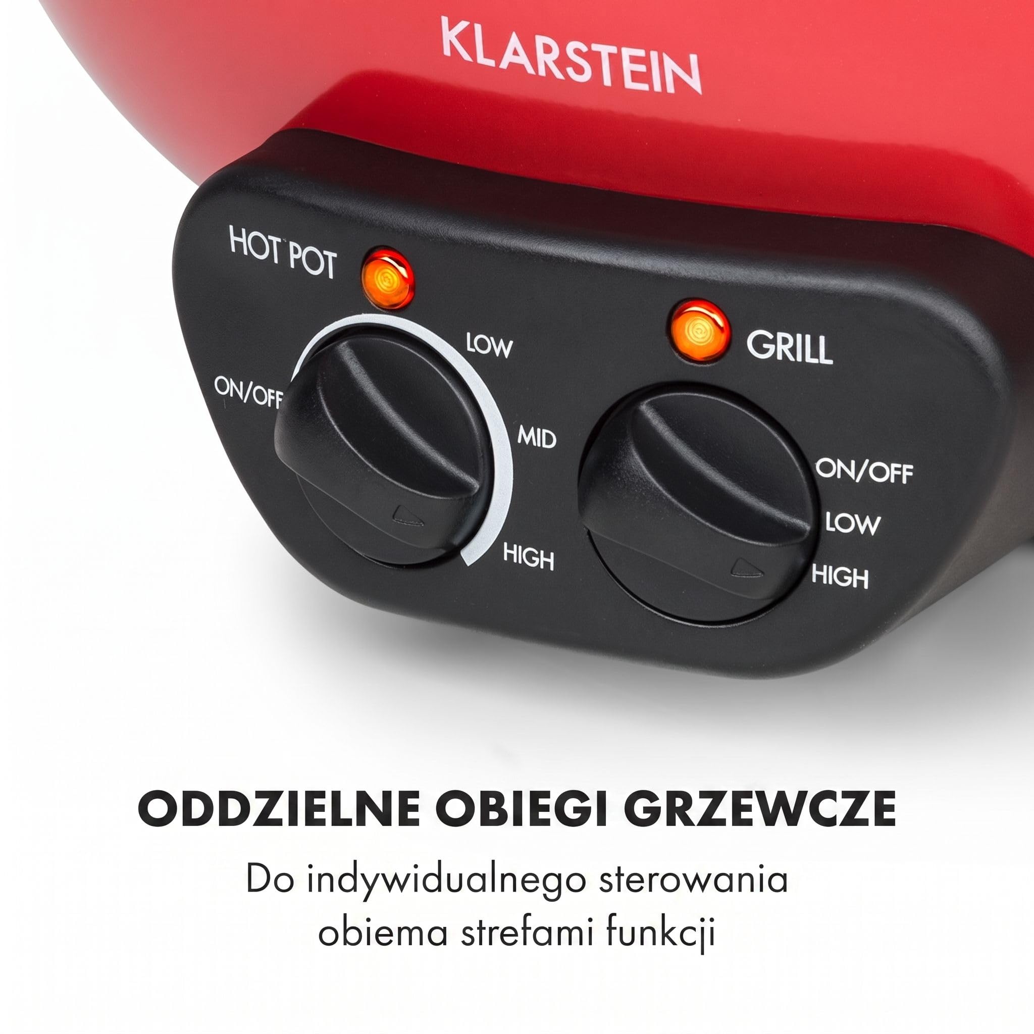 Klarstein Szechuan - Hot Pot i płyta grillowa, Garnek Hot Pot: 5 litrów, Grill 1350 W / 38 cm Ø, Płyta grillowa: 600 W / 22 cm Ø, Element grzejny z aluminium, czerwony