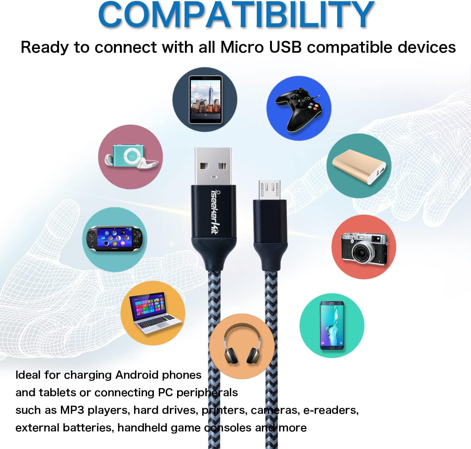 iSeekerKit Short Micro USB Cable 1Ft Nylon Braided Fast USB Charging Cord Compatible for External Battery Charger, Samsung, HTC, LG, Android and More [3 Pack] (Black)