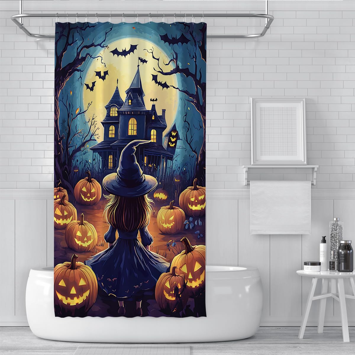 Gothic Witch Duschvorhang Spooky House Halloween Pumpkin Blue 150x180cm