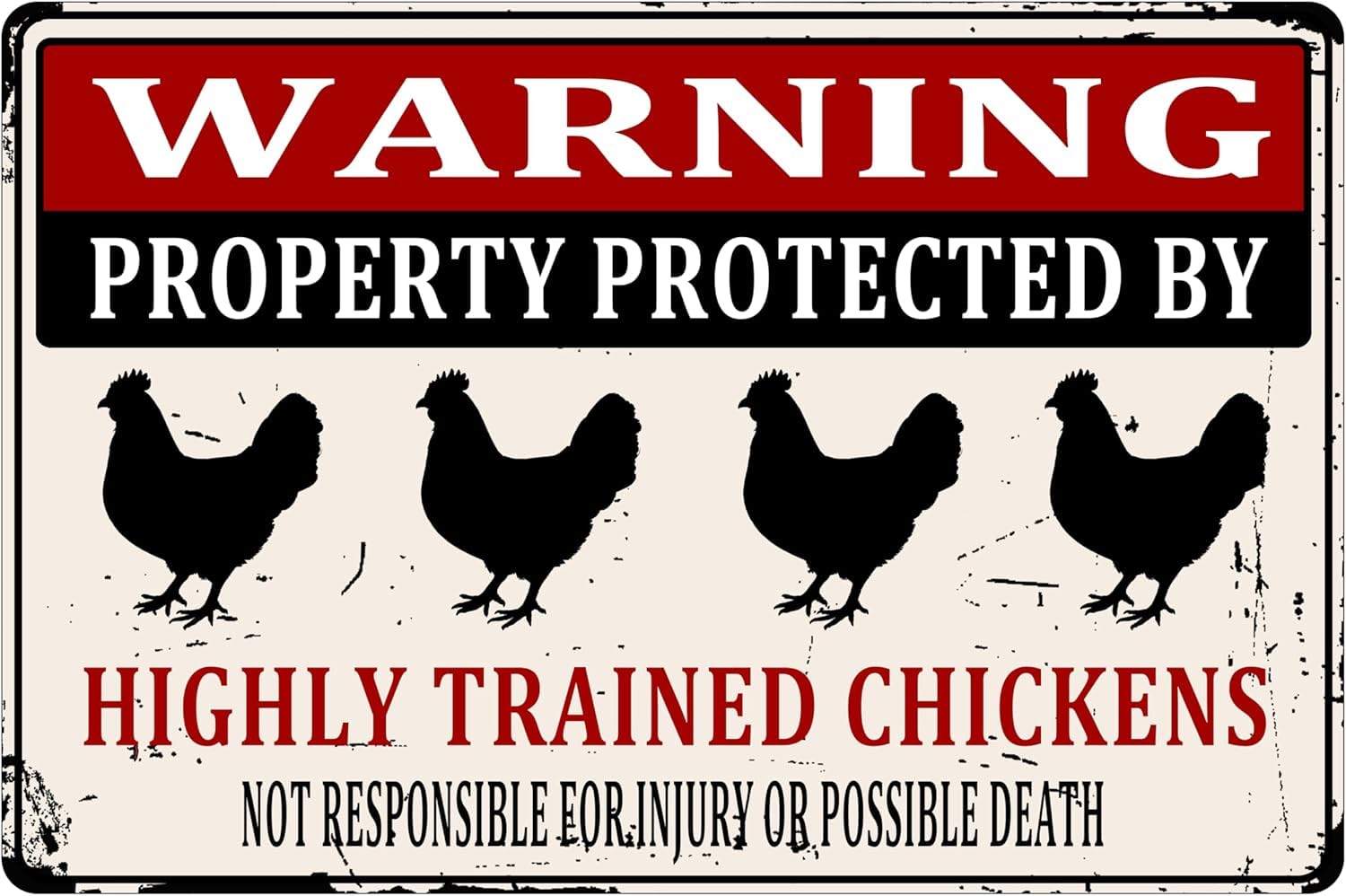 SMAZDFXX Warning Chicken Tin Sign Funny Farm Wall Decor Property Protected By Highly Trained Chickens Metal Signs For Farmhouse Gardening Backyard Patio Outdoor 8"x12"