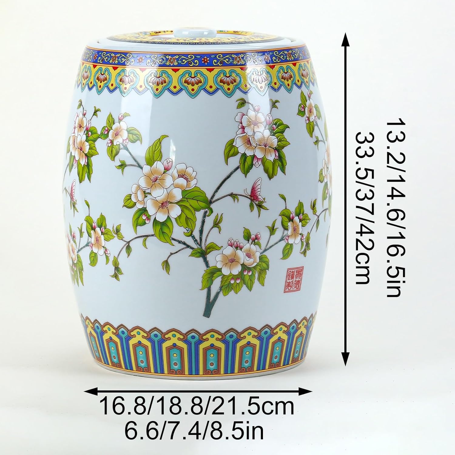 Chinese Style Storage Jar, Ceramic Rice Bucket, Grain Storage with Sealed Lids, Kitchen Canister Container for Cookie,Pasta, Cereal, Flour, Sugar, Rice, Seasoning(8.5x16.5in/21.5x42cm)
