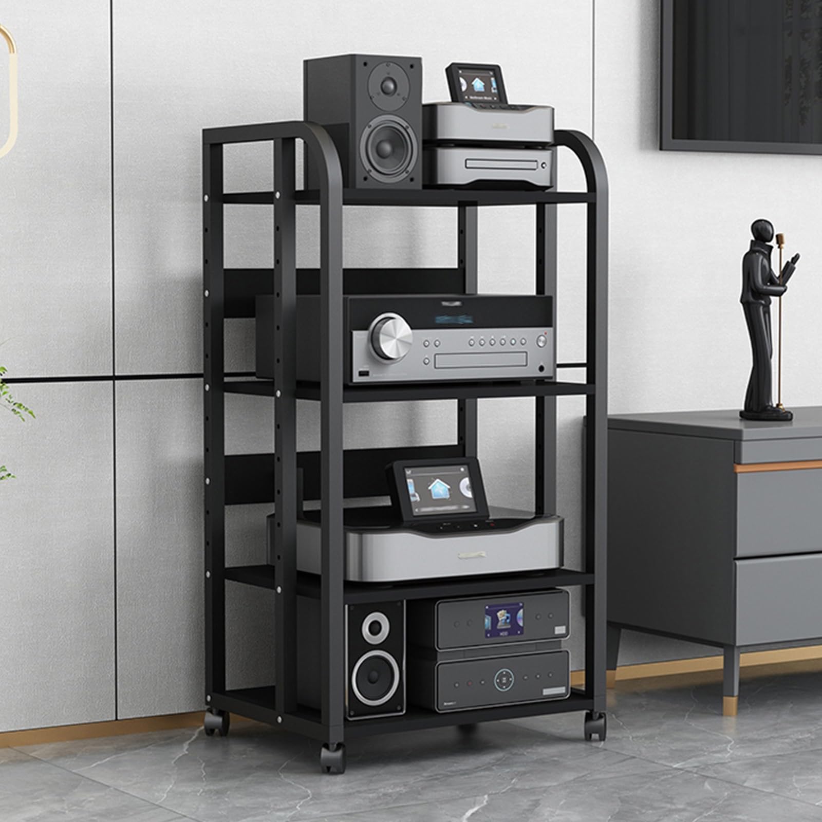 Audio Component Rack/Tower Media Stereo Stand, Heavy Duty Black Modern Electronics Equipment Storage with Height-Adjustable Shelf & Wheels, for Speakers/DVD Player(Size:4 Tier-H 100cm/39in)