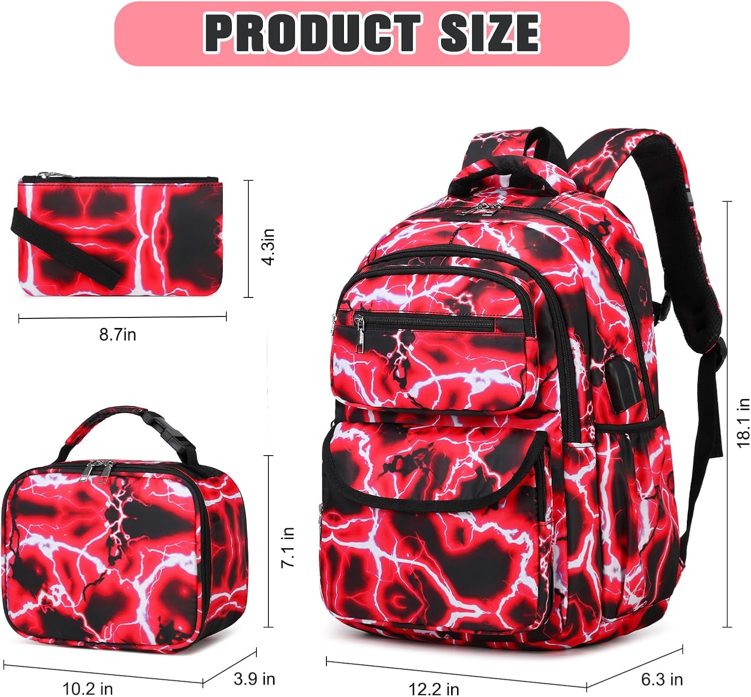 Bevalsa Backpack for Boys, Lightning School Bags with Lunch Bag & Pen Case for Kids, Bookbag for Boys Teens Elementary Middle High School