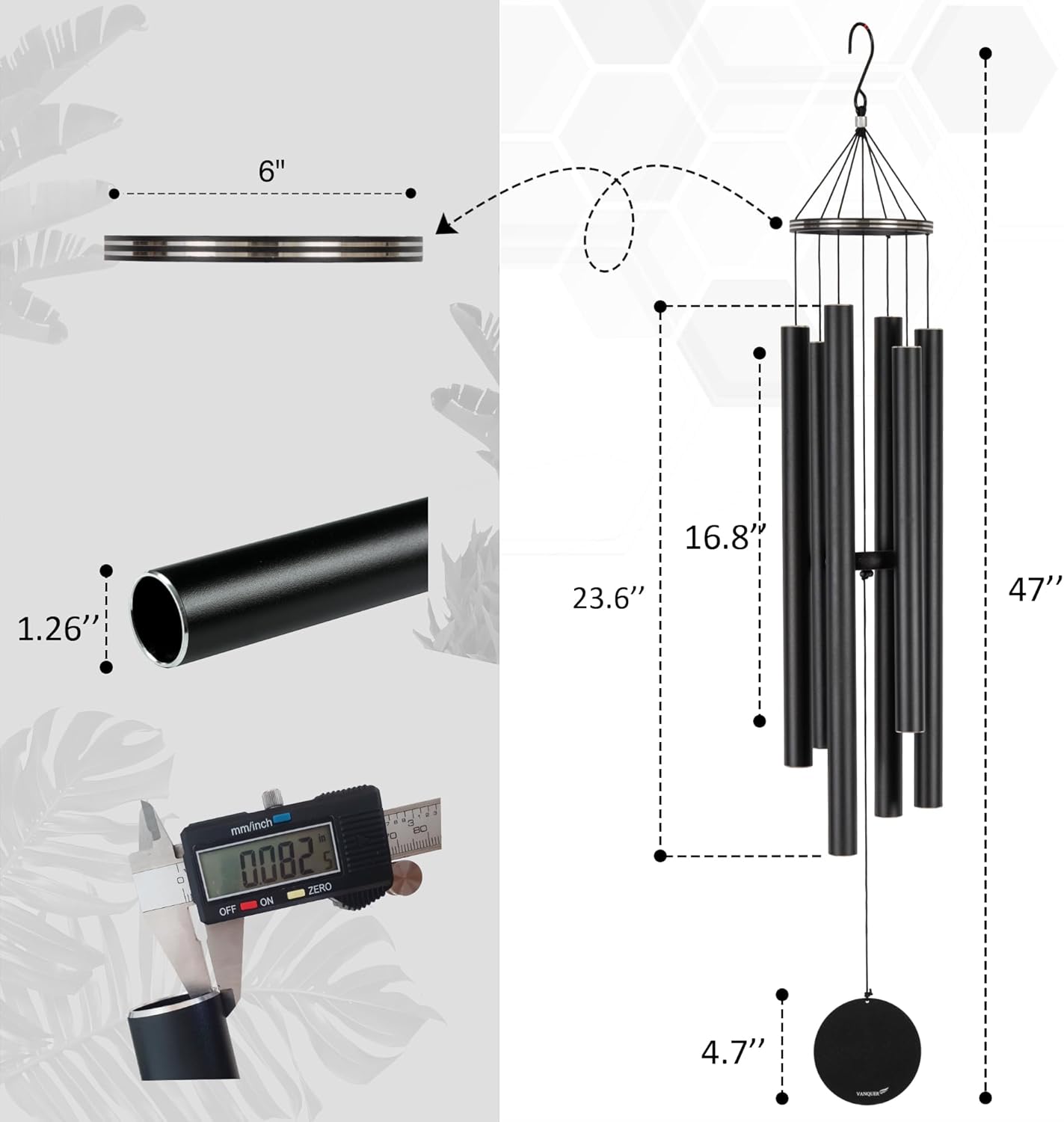 Vanquer Wind Chimes for Outside Deep Tone - 48'' Wind Chimes Outdoor Clearance, Deep Tone, Memorial WindChimes, Outdoor Décor, Wind Spinner, Sympathy Gift, Patio, Home Décor (Black)