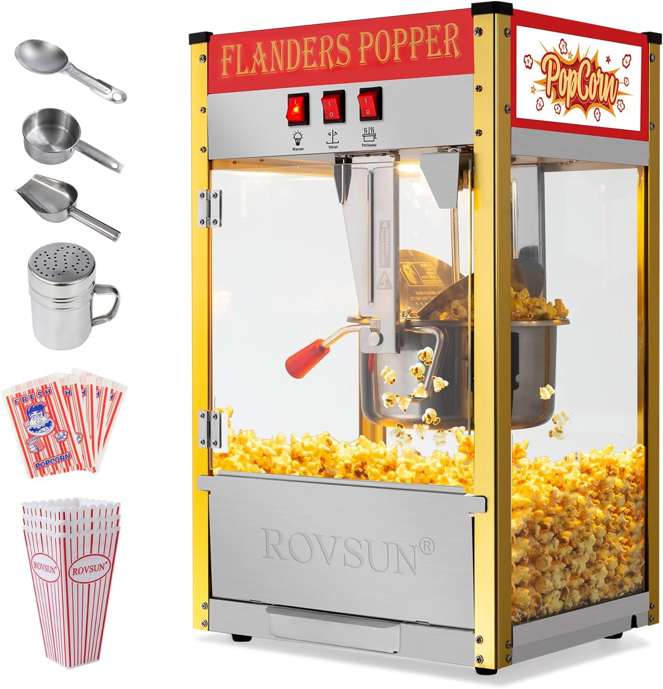 ROVSUN Popcorn Machine Movie Theater Style w/ 10 Ounce Kettle Makes Up to 4 Gallons ETL Certified, Countertop Popcorn Maker Commercial Popcorn Machine w/Scoop, Oil Spoon, Bags & 3 Cups, Red
