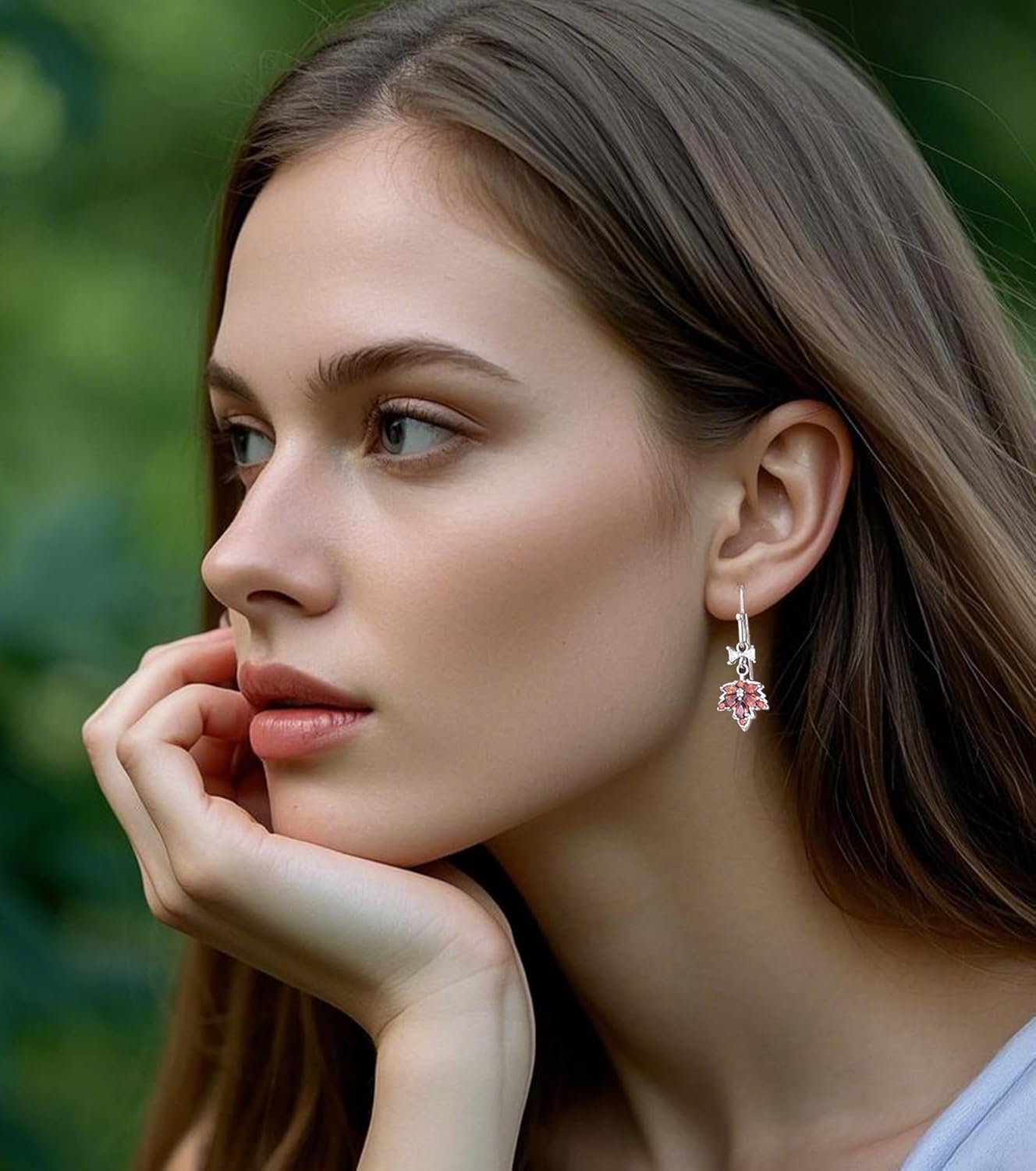 Maple Leaf Earrings S999 Sterling Silver, Sparkly Hypoallergenic Ziron Leaves Stud Dangle Drop, Orange Red Autumn Earring Jewelry for Thanksgiving Birthday Xmas Darling