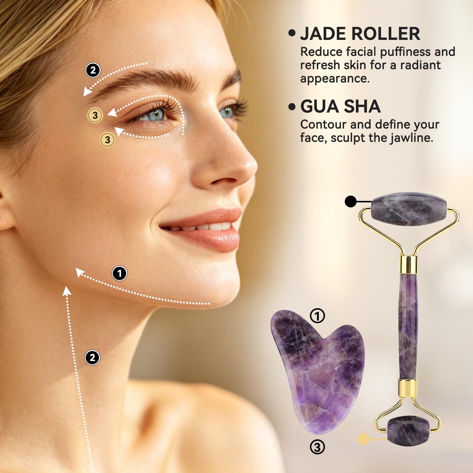 Rodillo De Piedra De Jade De Amatista Natural, Rodillo Para El Rostro Herramienta Guasha Para El Rostro Rodillo Facial Antienvejecimiento De Doble Cabeza Para El Cuidado De La Piel, Ojos, Cuello