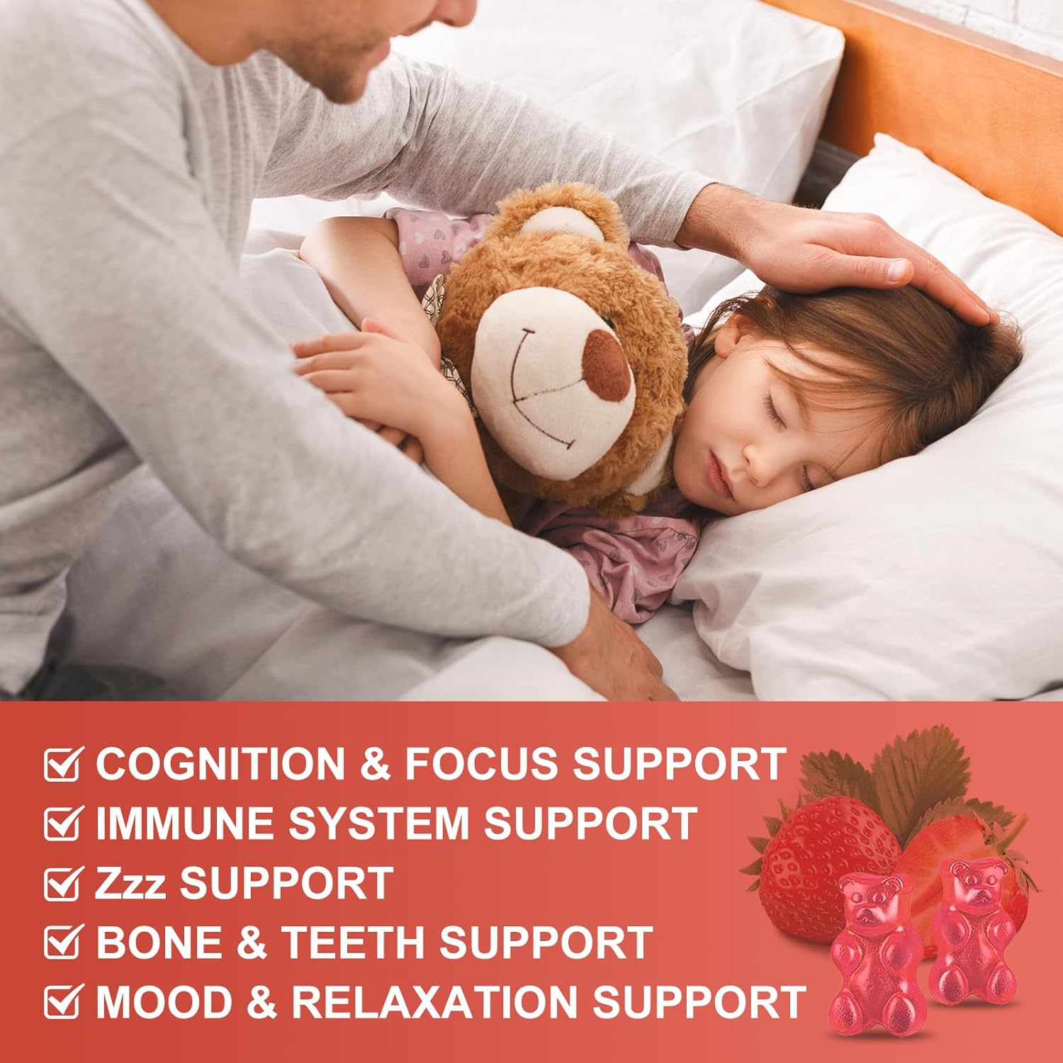 Magnesium Glycinate Gummies for Kids & Adults - Relaxation & Cognition Support - 400/200mg Magnesium Supplement with L-Theanine, Chamomile, B6, D3 & K2 - Vegan, Sugar Free, Strawberry Flavor, 60 Ct - Image 3